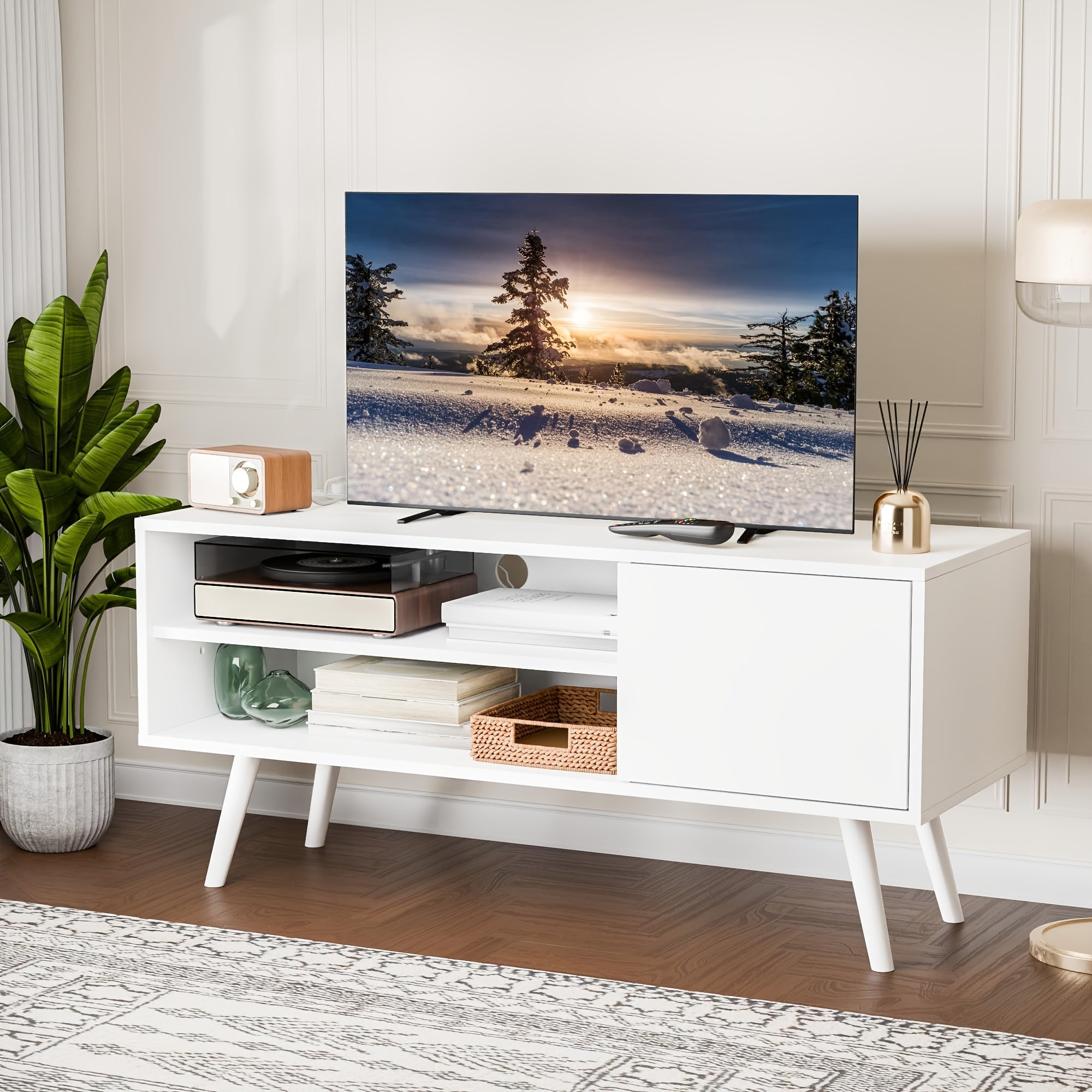 TV Stand For 50 Inch TV - Mid Century Modern Entertainment Center With Storage Cabinet, Sliding Doors, Shelf, Charger Station- TV Media Console For Lab, White/Black/Oak/Brown