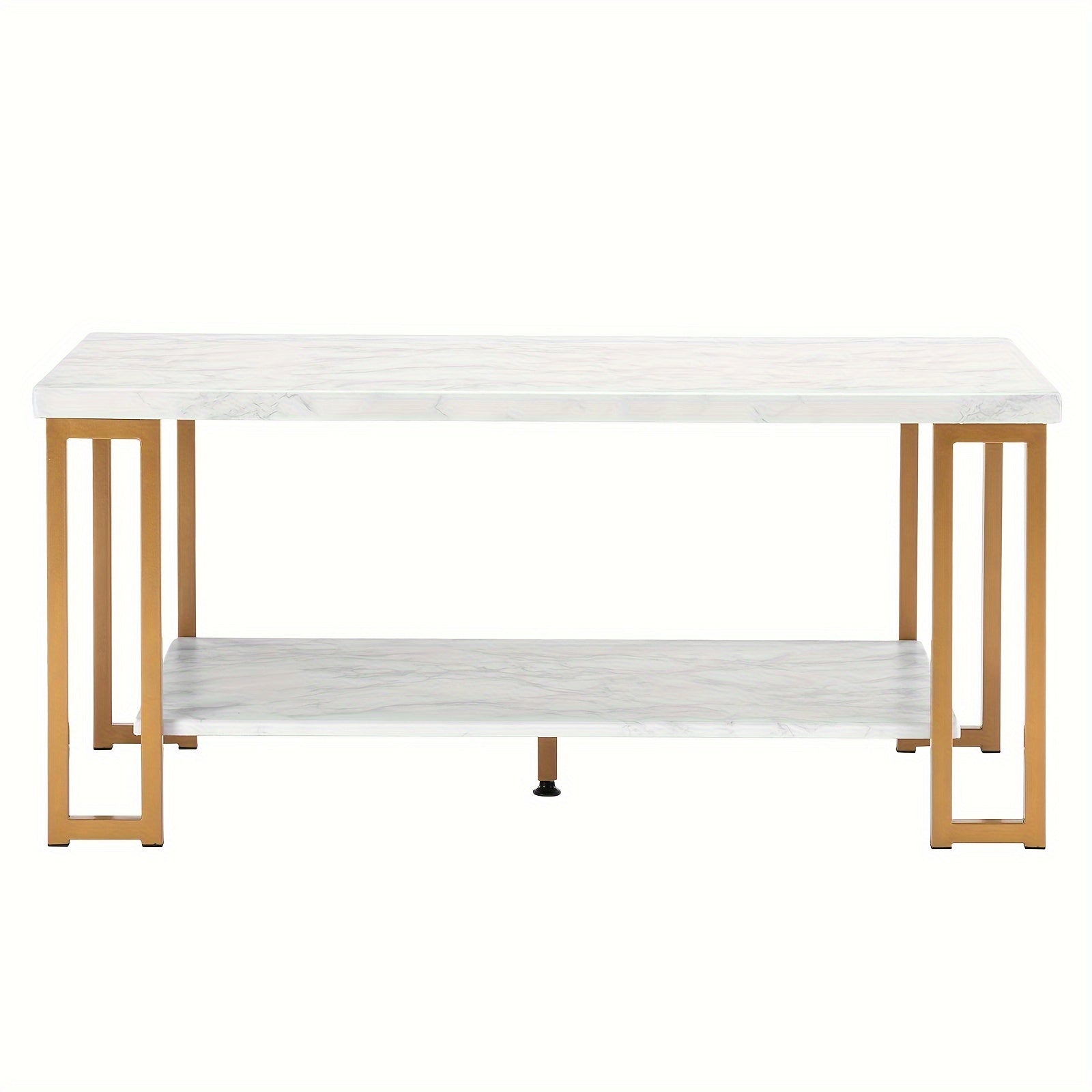 1pc Double Layer Square Frame Legs Coffee Table Rectangle Density Board, Iron 39.37*20.08*18.11inch Imitation Marble White Desktop Golden Baking Paint