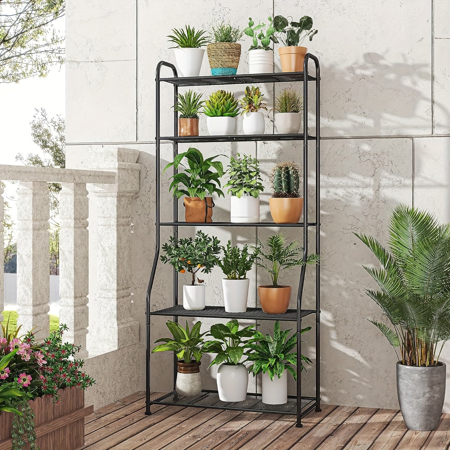 5-Tier Black Metal Plant Stand, Waterproof Indoor/Outdoor Shelf for Living Room, Bathroom, Balcony, Garden - Sturdy Multi-Use Display for Various Plants, Garden Plant Stand|Tiered Shelf Design|Waterproof Metal