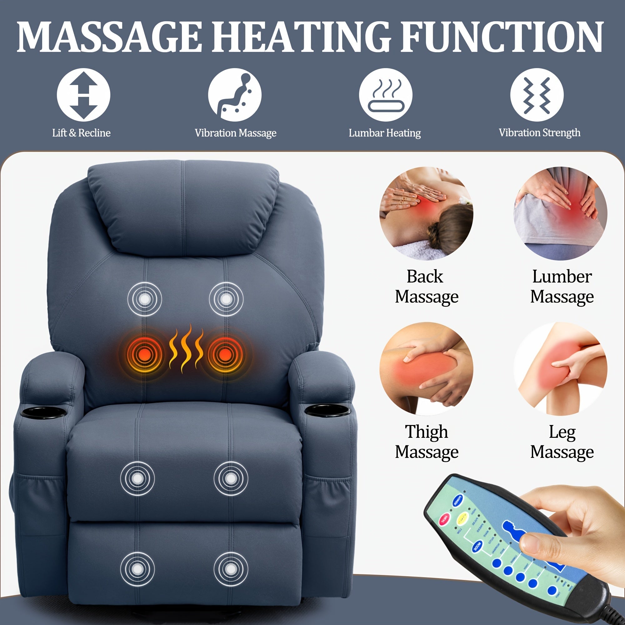 Fabric Power Lift Recliner Chair For Elderly And Adults, Electric Recliner With Massage And Heating, Recliner Chair With Remote Control And Cup Holder