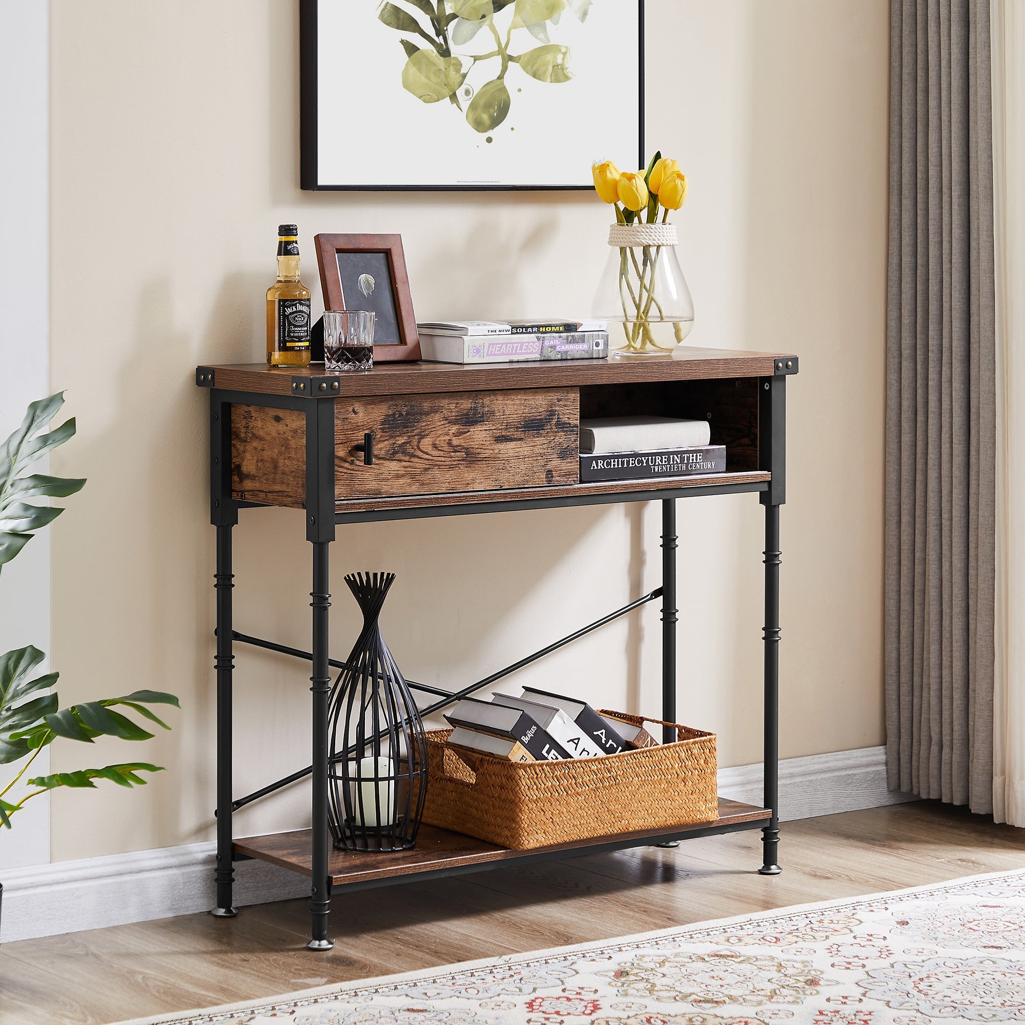 35.4 Inch Console Table with Slide Drawer and Storage Shelf, Stable Metal Frame, Brown