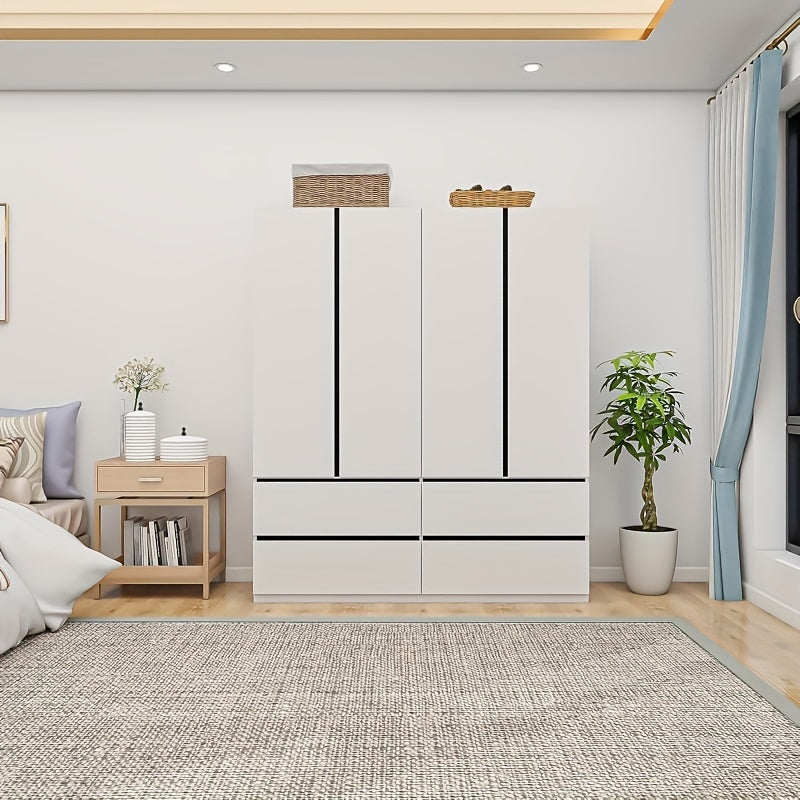 4-Door Armoire Wardrobe Closet, White Wood Storage Organizer With Hanging Rod, Quadruple Doors, And Drawers, Bedroom Wardrobe Closet