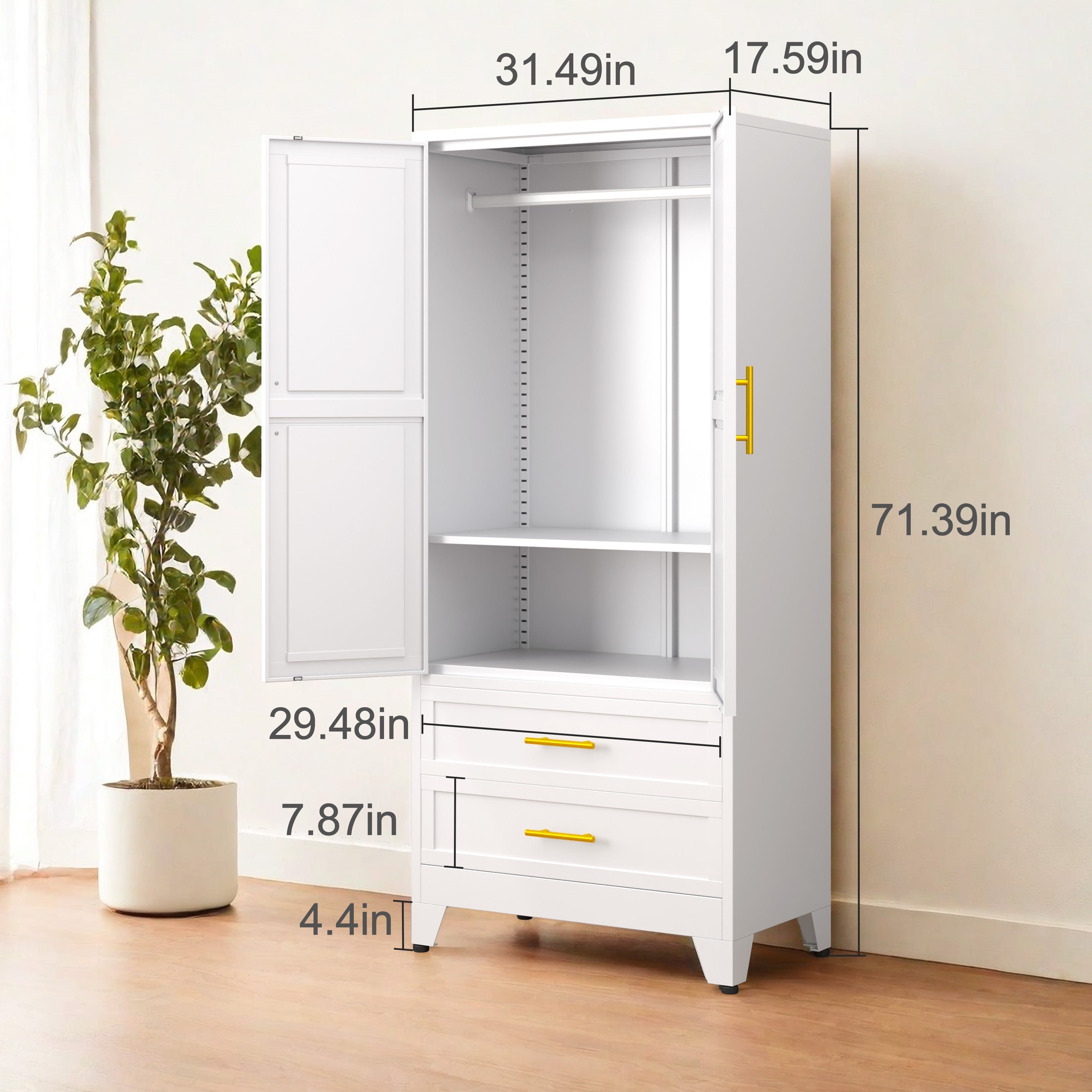 71.39"H Metal Storage Sideboard Armoire Wardrobe Closet with 2 Drawers, Adjustable Shelve, Clothes Drying Pole, Steel Wardrobe Cabinet for Home