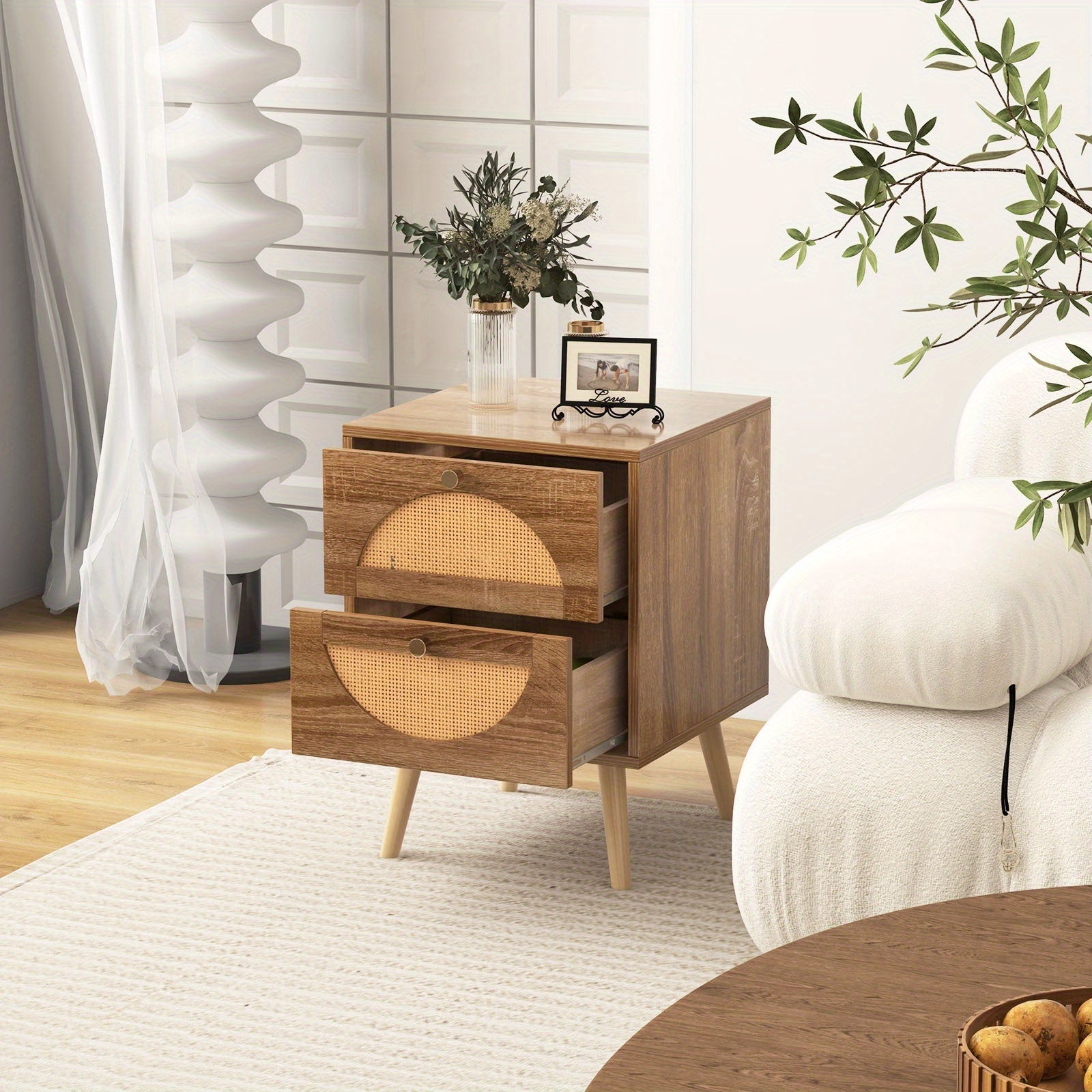 2pcs Set Bohemian Rattan Nightstands with 2 Drawers - Modern Chic Side End Tables with Solid Wood Legs, Woven Front Panels & Textured Detailing for Bedroom & Living Room Storage