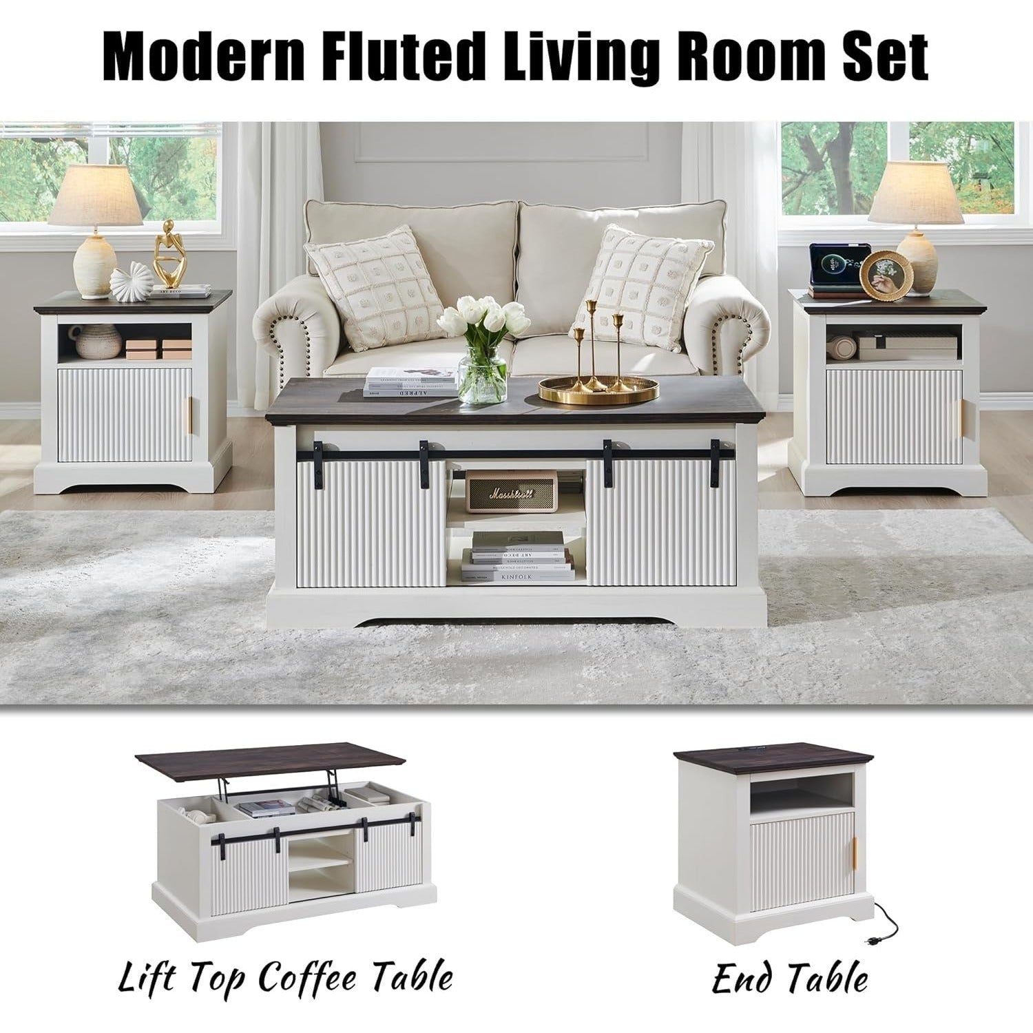 120cm Fluted Lift Top Coffee Table with Sliding Door Modern Center Table w/Adjustable Storage Shelf & Hidden