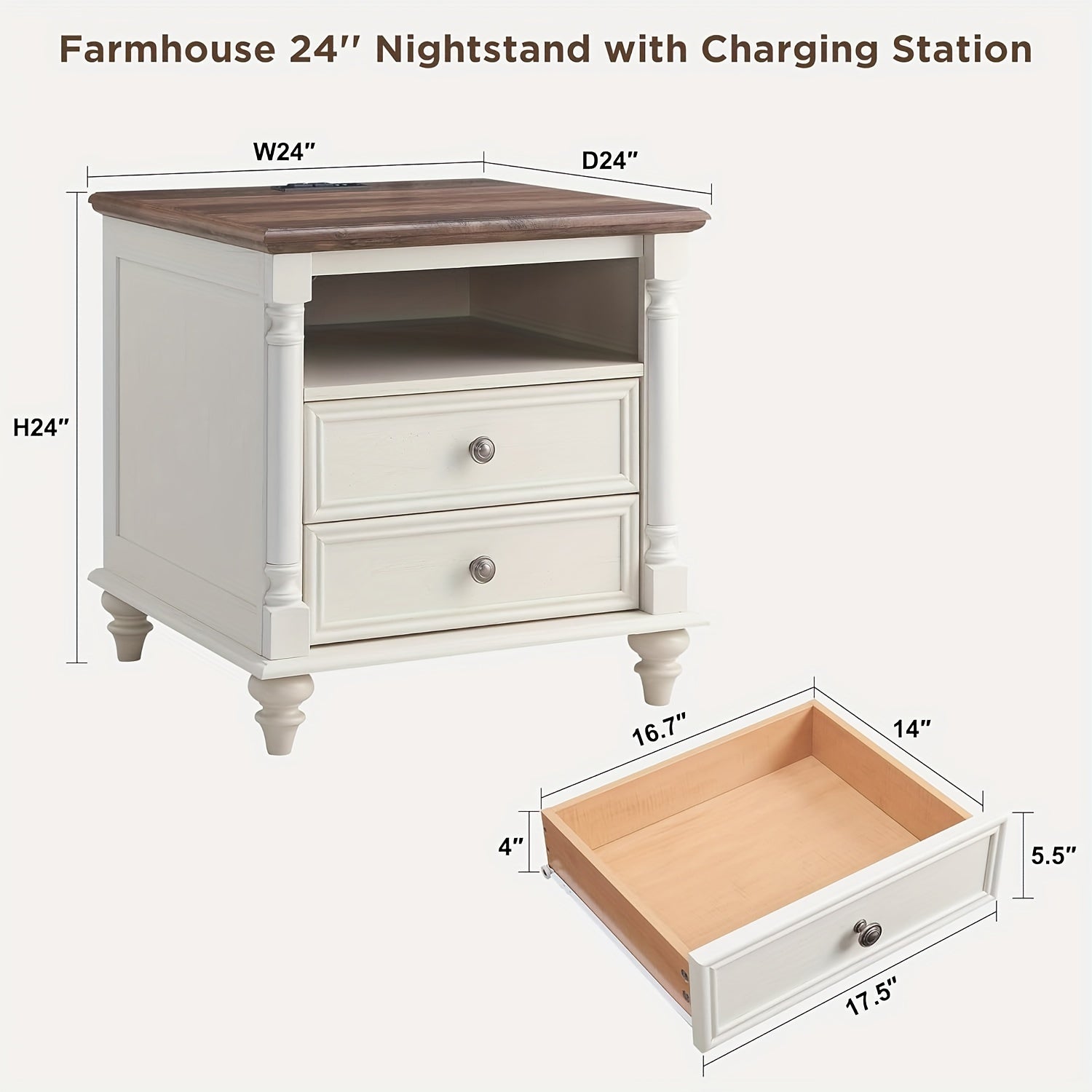 24'' Farmhouse End Table w/4 Solid Wood Feet, Large 2 Drawers Wide Sofa Side Table with Charging Station, Tall Rustic Wood Square Nightstand for Living Room, Bedroom, Office