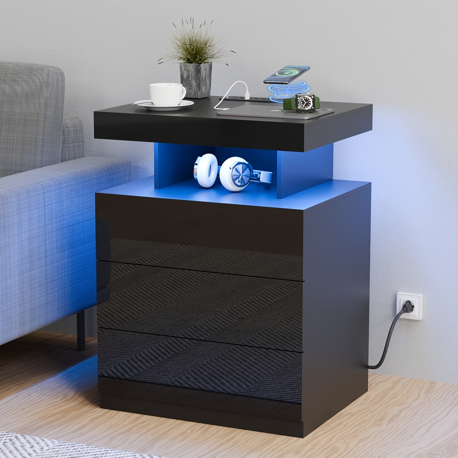 2PCS/ 1PC LED Nightstand Modern White Nightstand With Led Lights Wood Matte Led Bedside Table Night Stand With 2 High Gloss Drawers For Bedroom 20.5" Tall