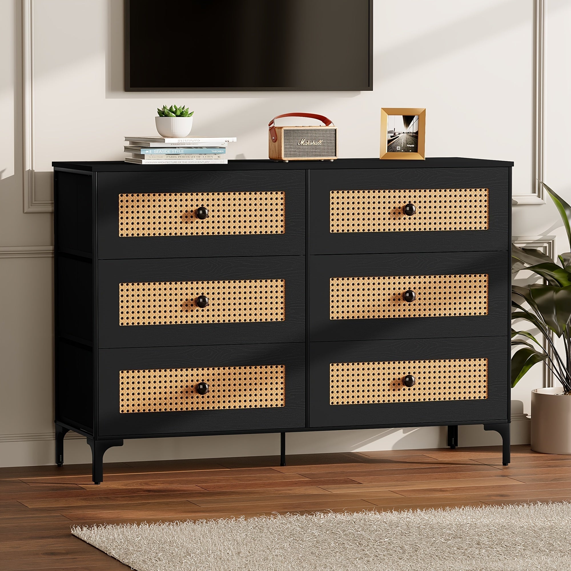 Rattan Dresser with 6 Drawers for Bedroom, Boho Dresser with Metal Frame And Wood Tabletop, Chest Storage Tower, for Nursery, Living Room, Entryway