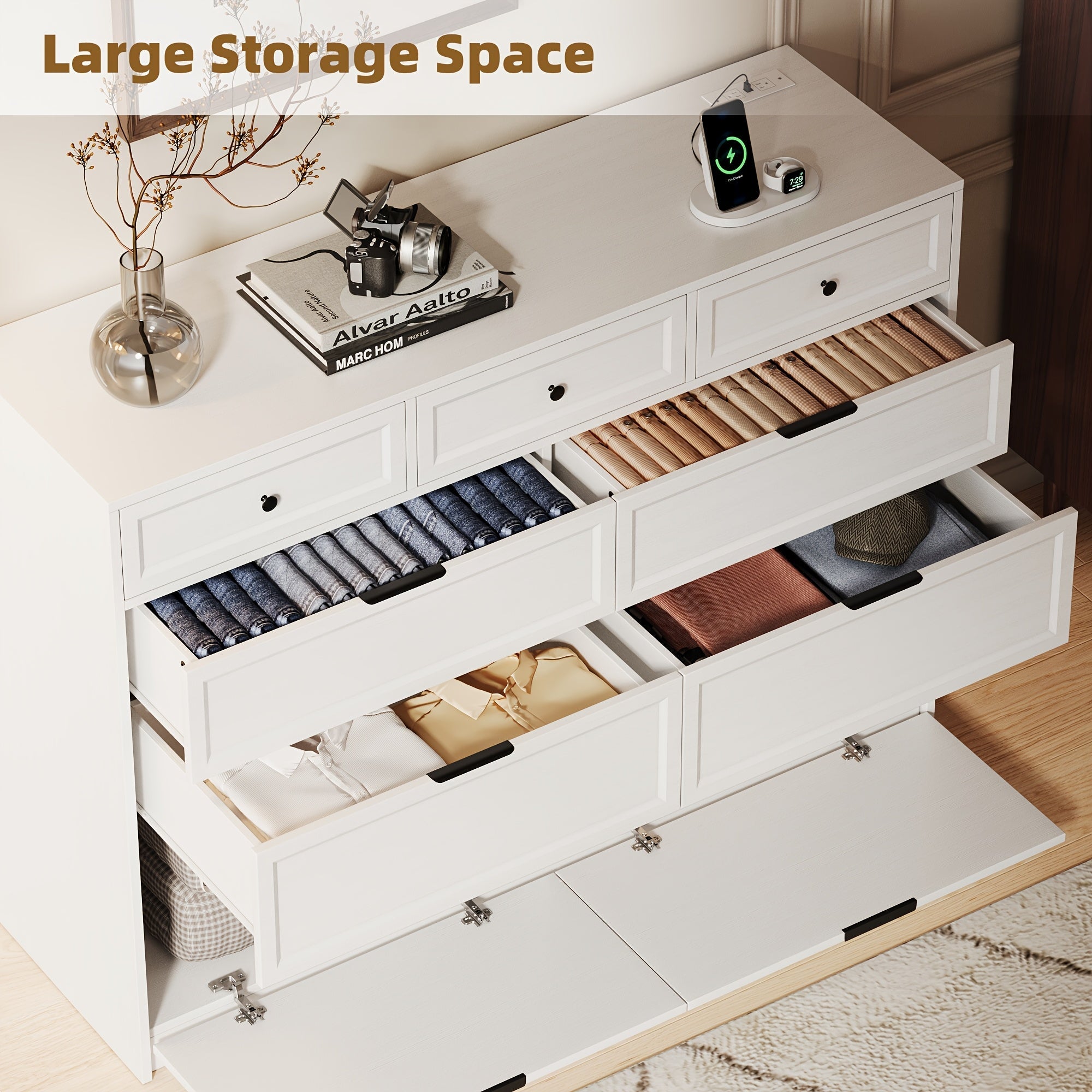9 Drawer Dresser For Bedroom 120cm Long Modern Chest Of Drawers With Power Outlet Mid Century Dresser Fluted Dresser