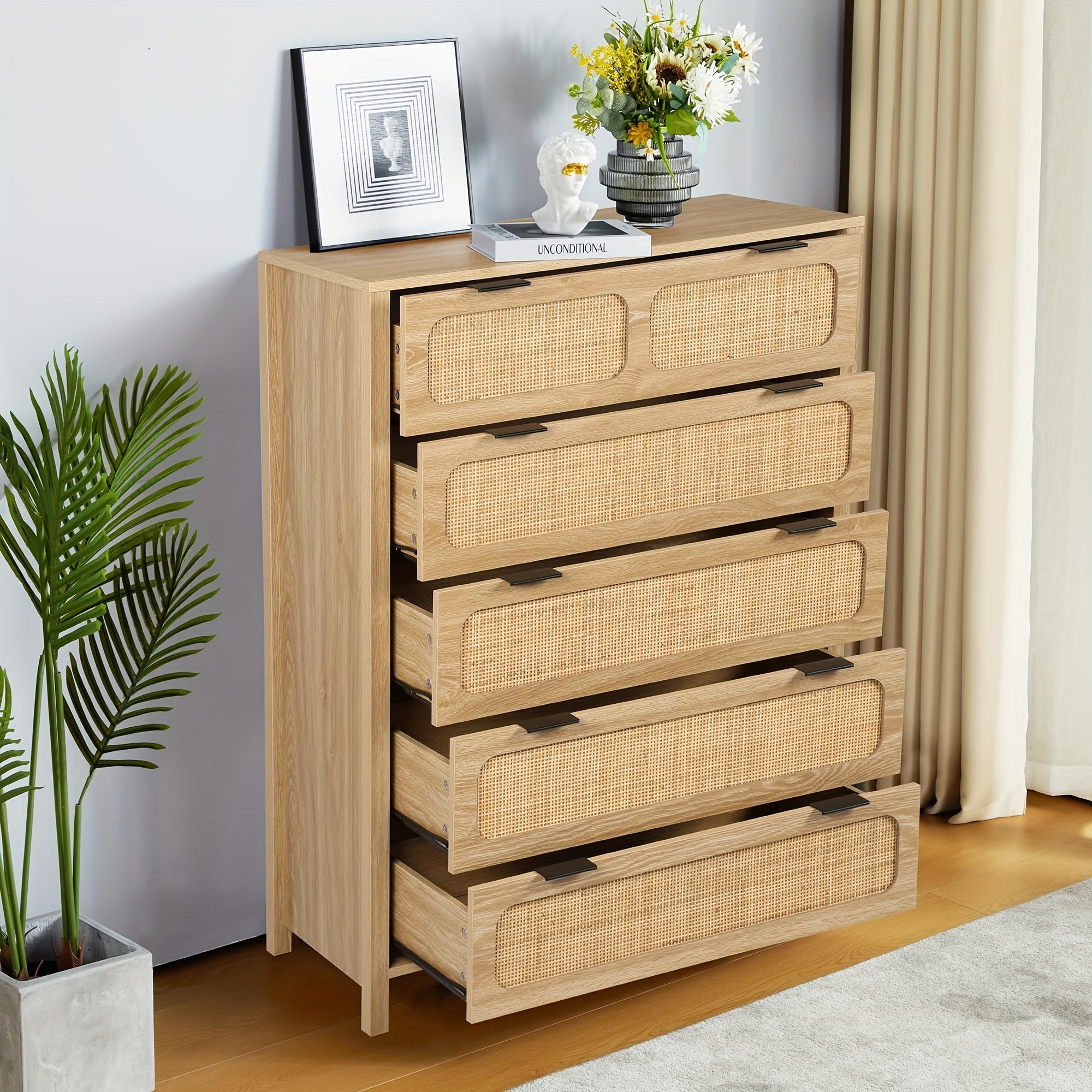 5 Drawer Dresser For Bedroom Wide Chest Of Drawers With Storage Rattan Nightstand Cabinet Dresser For Bedroom Hallway
