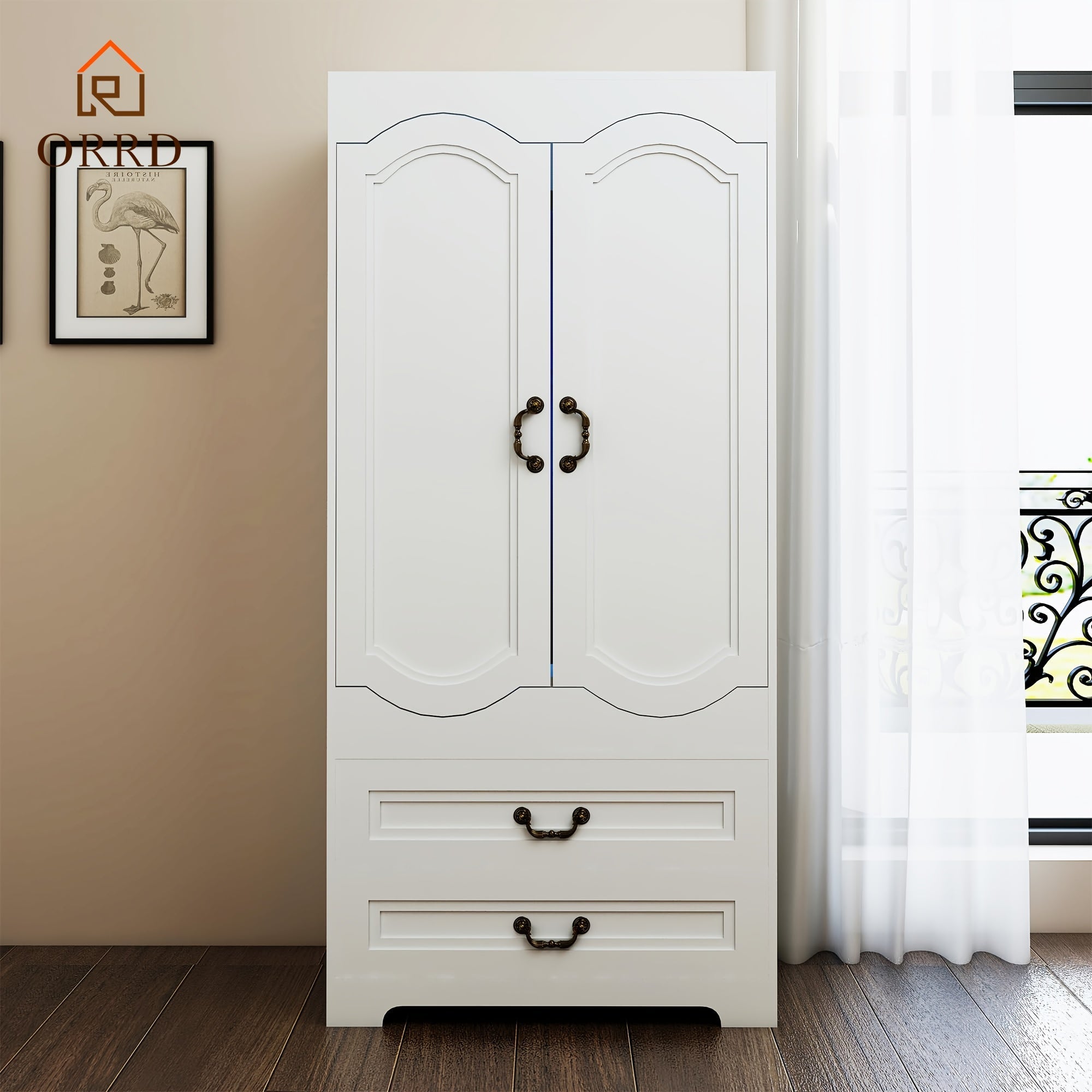 Armoire Wardrobe Closet With 2 Drawers, Easy-to-assemble Tall Wooden Wardrobe Closet With 2 Doors And Hanging Rail, Free Standing White Armoire For Bedroom