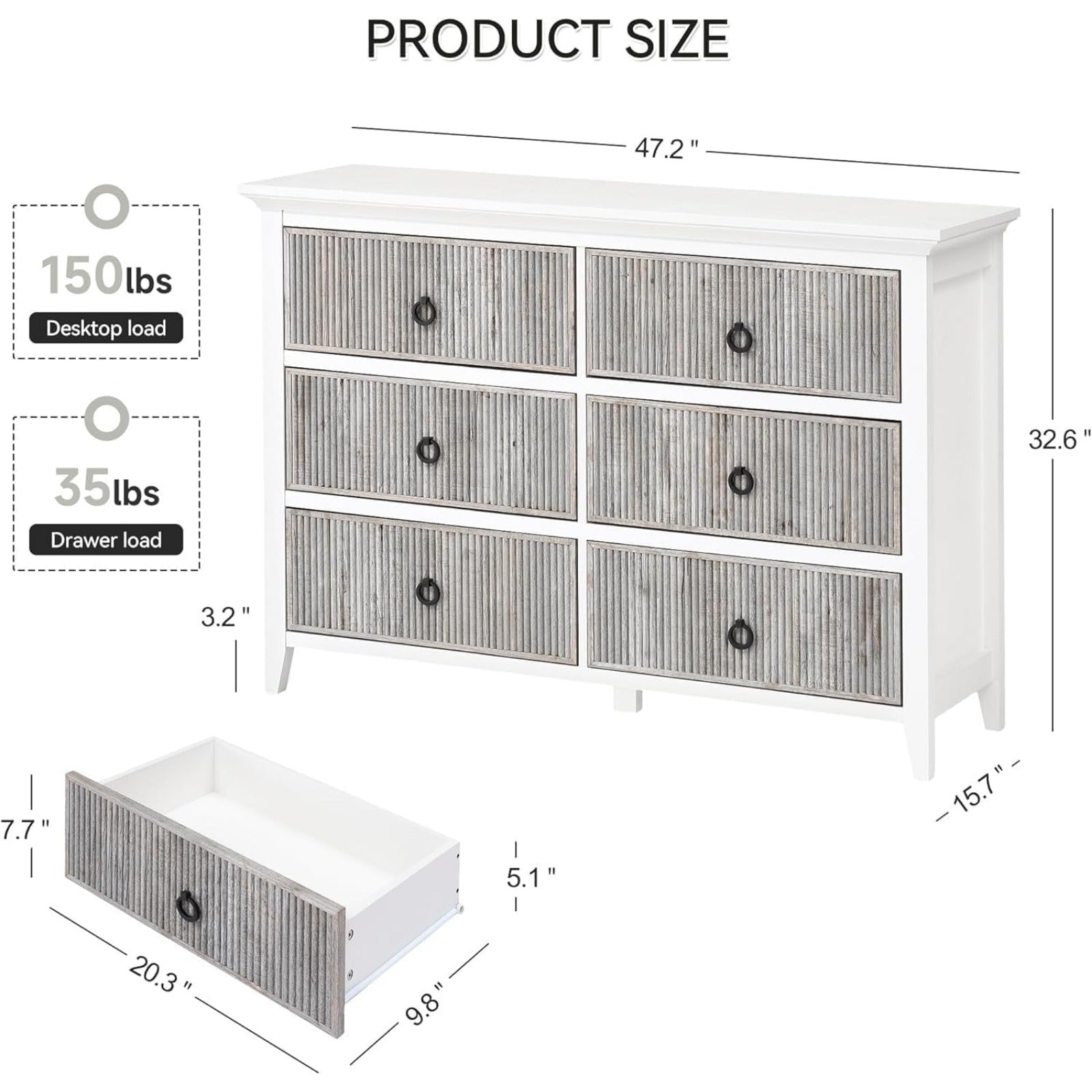 6 Drawer Dresser, 47.2" Wide Modern Chest of Drawers Bedroom and Living Room Cabinet Organizer Storage, Fluted Design Dresser Tv Stand, Closet, White Grey