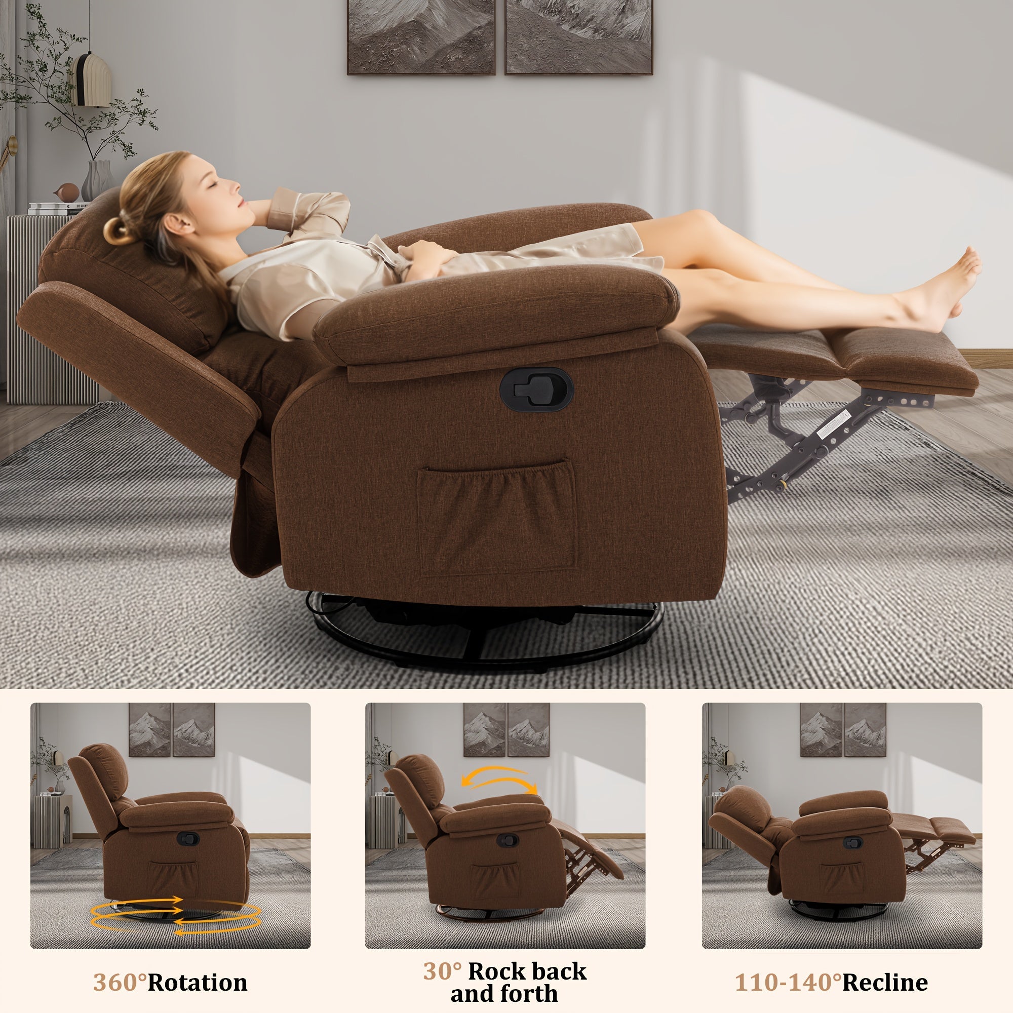 Recliner Chair, 360 Swivel Rocker Chair for Adults, Small Rocking Recliner Chair for Small Spaces, Upholstered Fabric Glider Recliner Chair with Side Pockets for Living Room