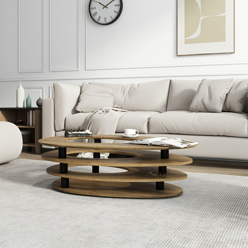 Contemporary Hardwood Coffee Table, Scratch Resistant Wood-Based Panel & Metal Frame, Elegant Multi-Layer Design, Functional Aesthetic Living Room Furniture with No Electricity Required