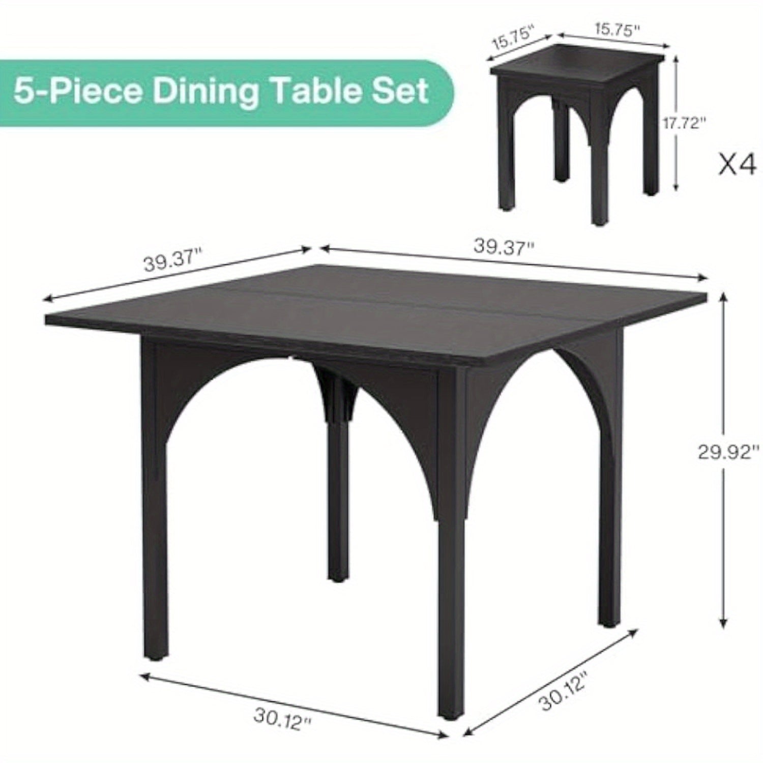 5-Piece Dining Table Set for 4 People, Modern Black Kitchen Room Table with 4 Chairs, 39.4-Inch Square Dinner Table Set with 4 Seats for Kitchen, Dinette, Dining Room