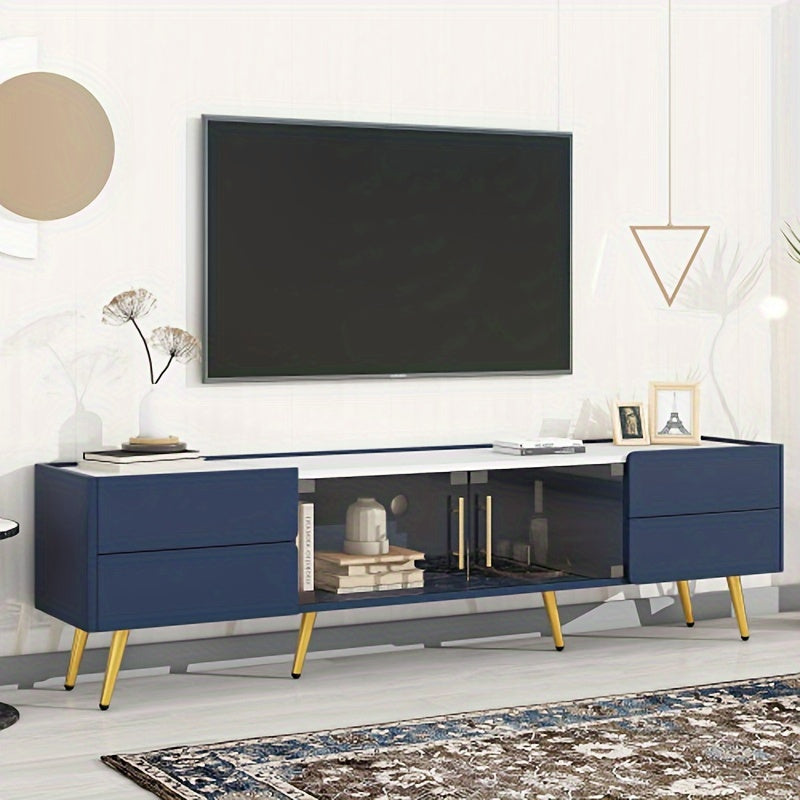 Modern TV Stand for Televisions up to 80 Inches, Entertainment Center with Storage Drawers and Glass Door Cabinet, Marble-patterned Top Media Console Table &amp; Metal Legs for Living Room, Blue