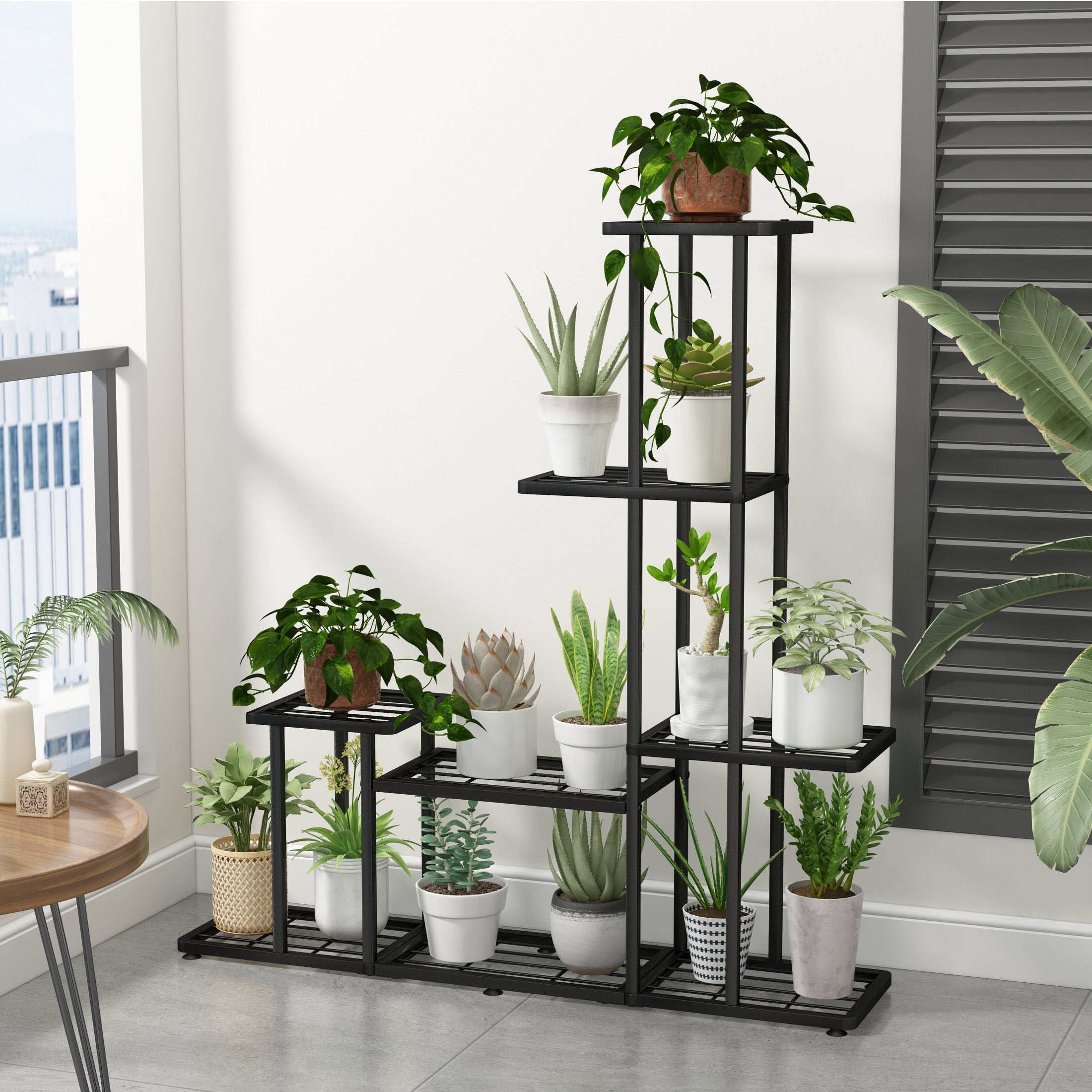 5-Tier Metal Plant Stand, Multifunctional Black Steel Shelf for Indoor and Outdoor Plants, Decorative Garden, Patio, Balcony, and Yard Plant Holder