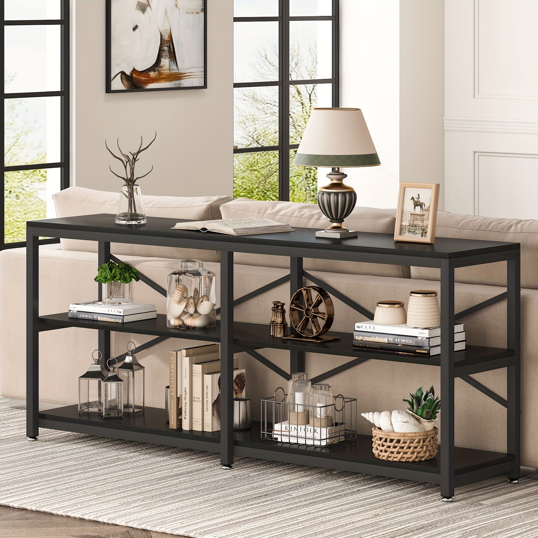 70.9 Inch Extra Long Console Table, Modern 3-Tier Sofa Table With Storage Shelves, Ideal As Industrial Hallway Entryway Table Or Bookshelf In Living Room, With Functional Behind Couch Design