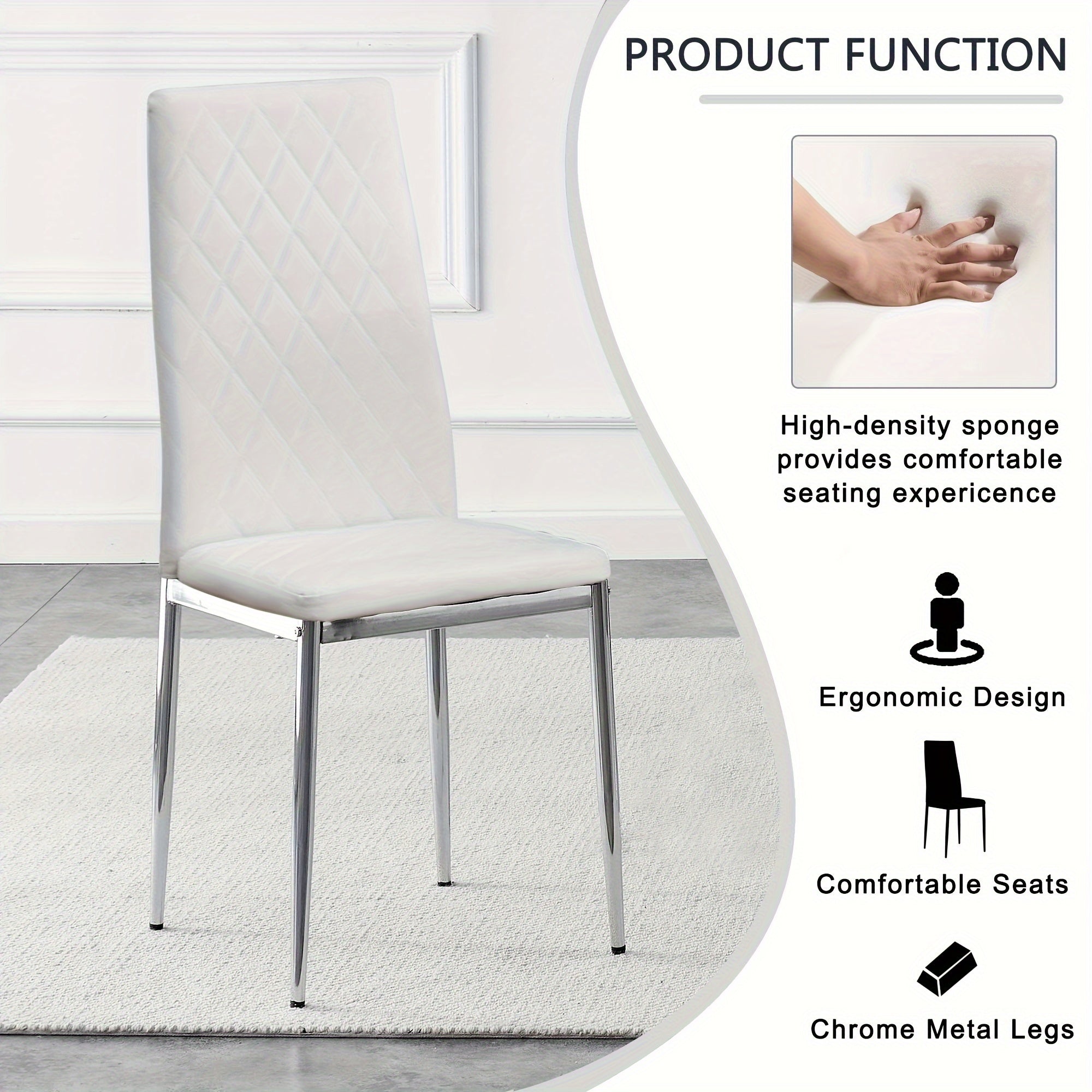 armless high backrest dining chair, 4-piece set of silver metal legs white chair, office chair. Suitable for restaurants, living rooms, kitchens, and offices