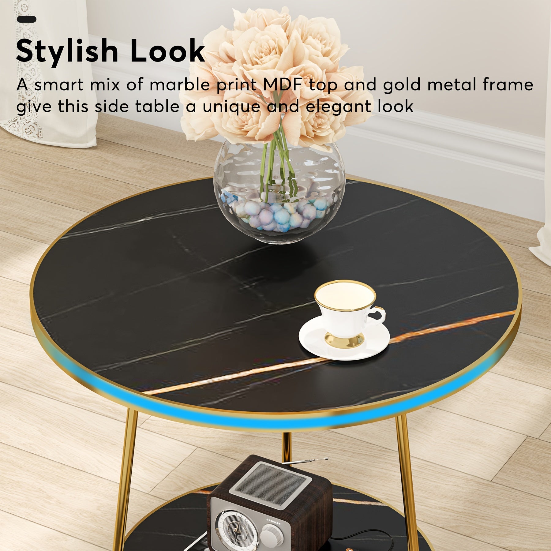 Christmas Decorations, Faux Marble End Table, 2 Tier Round Side Table With Shelves, Modern Black Nightstand Bedside Table Small Coffee Accent Table For Living Room Bedroom, Black And Golden, Gift Wrap, Stockings, Snowflakes,