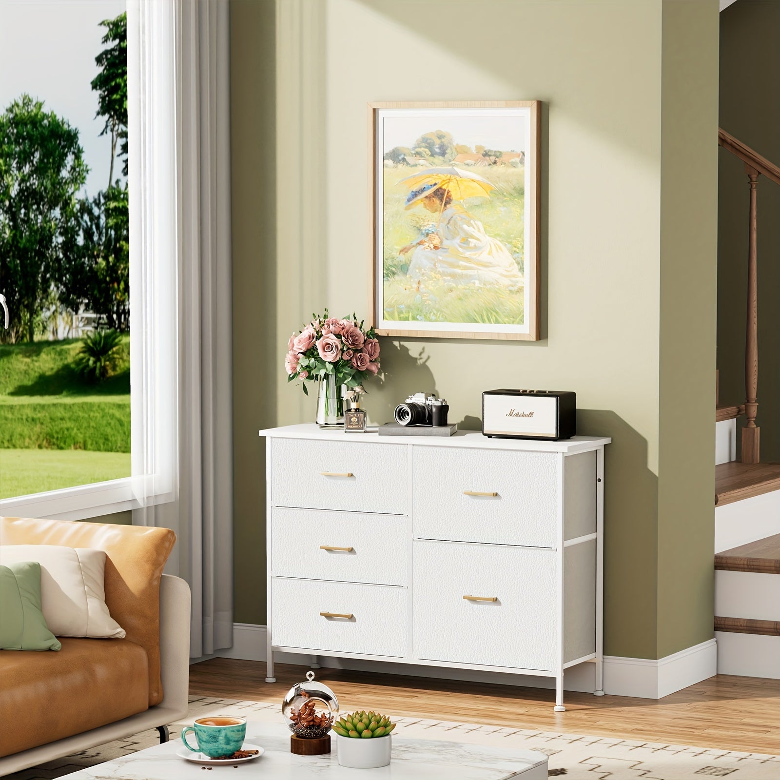 5-Drawer TV Stand Dresser For 114cm TV - Entertainment Center With Fabric Storage Adjustable Feet Golden Handle Modern