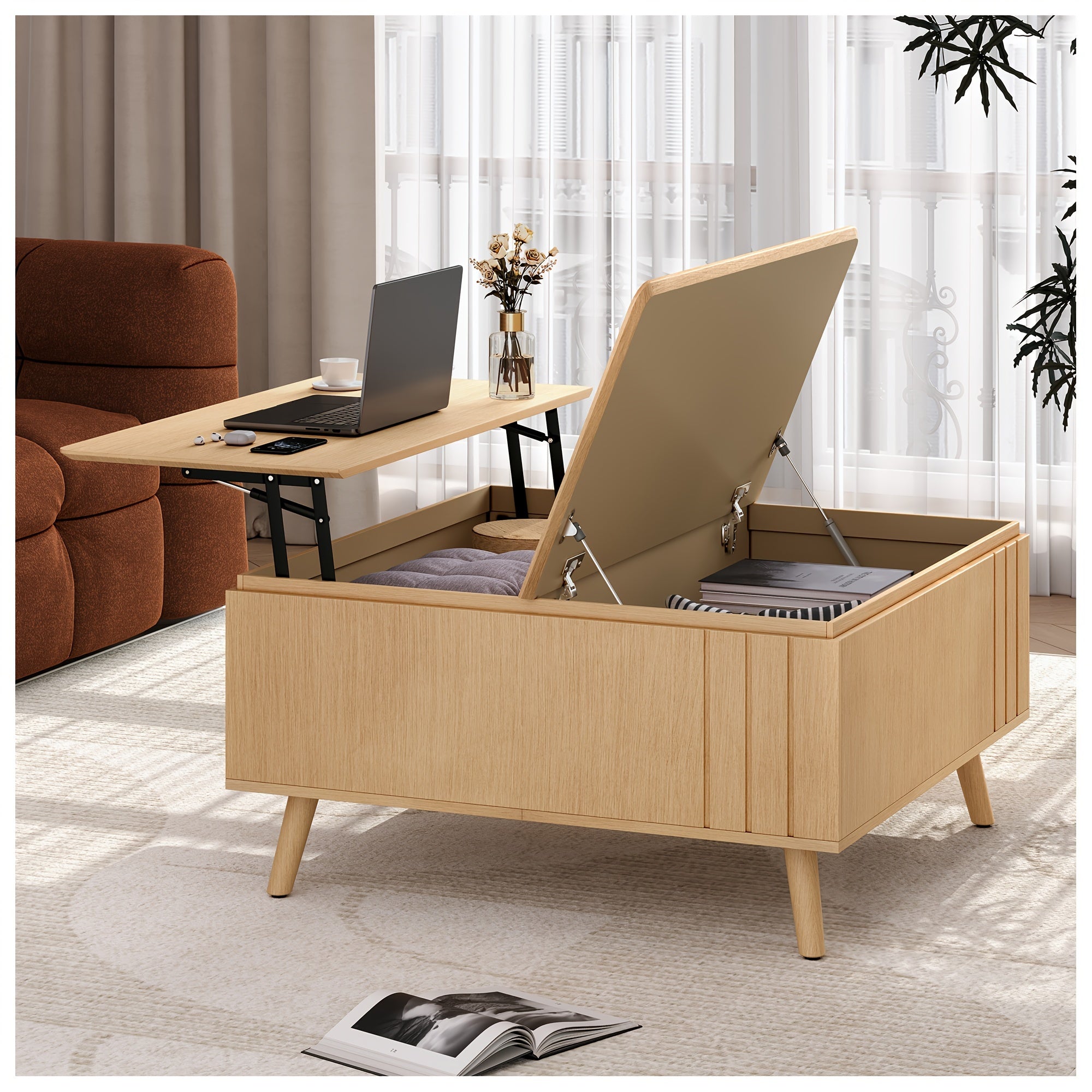 Lift-Up Coffee Table with Storage, Mid-Century Modern Square Coffee Table with Wooden Legs, Multi-Purpose Coffee Table for Living Room, Game or Work, 35 Inch (Walnut)