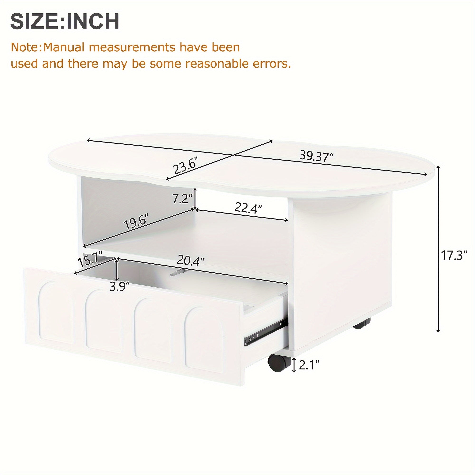 Flexible Cream Style Coffee Table With 2 Brake Wheels, Cloud Top Side Table With Drawer, Irregular Center Table With Large Storage For Living Room, White, 39.37''x 23.6''