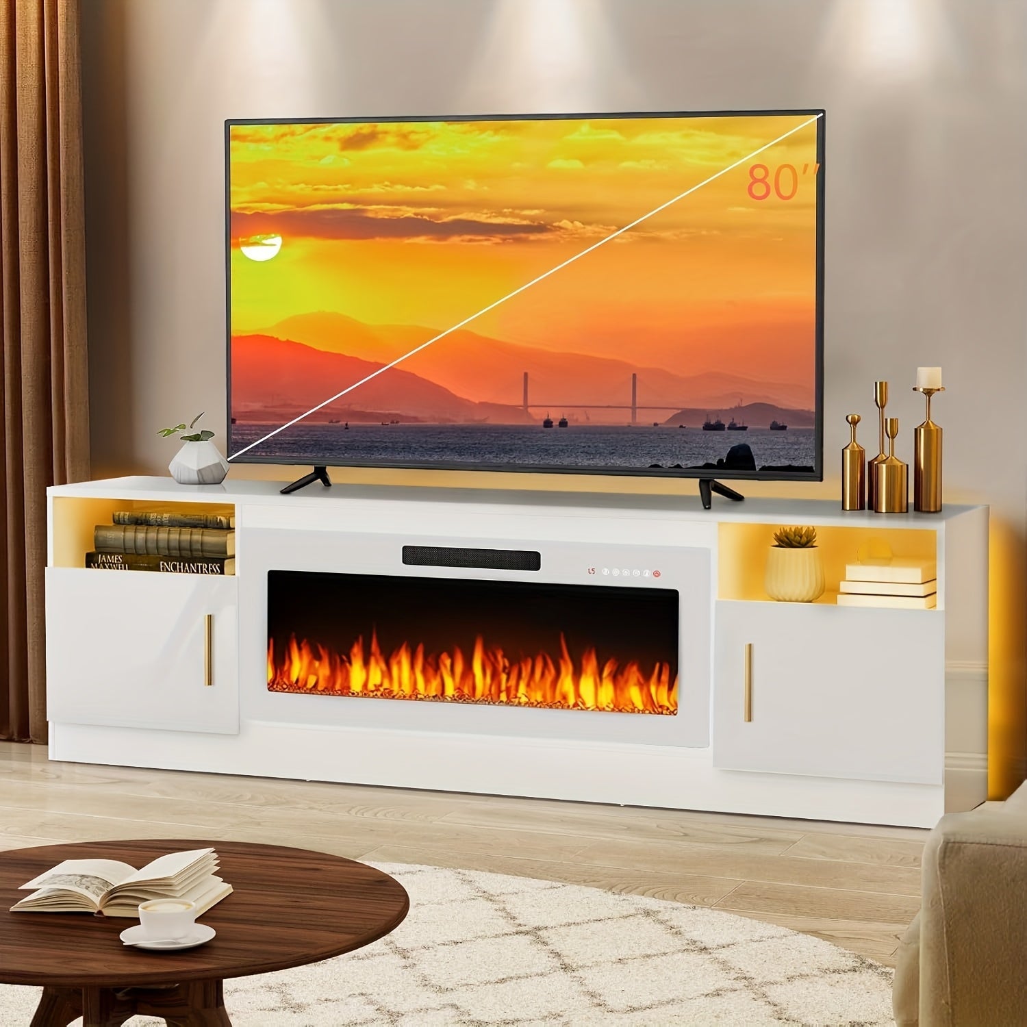 Modern Wooden TV Stand with 36" Fireplace - Fits Up to 80" TVs, LED Lighting & Storage, Highlight Cabinet for Living Room, Media TV Console, Entertainment Center