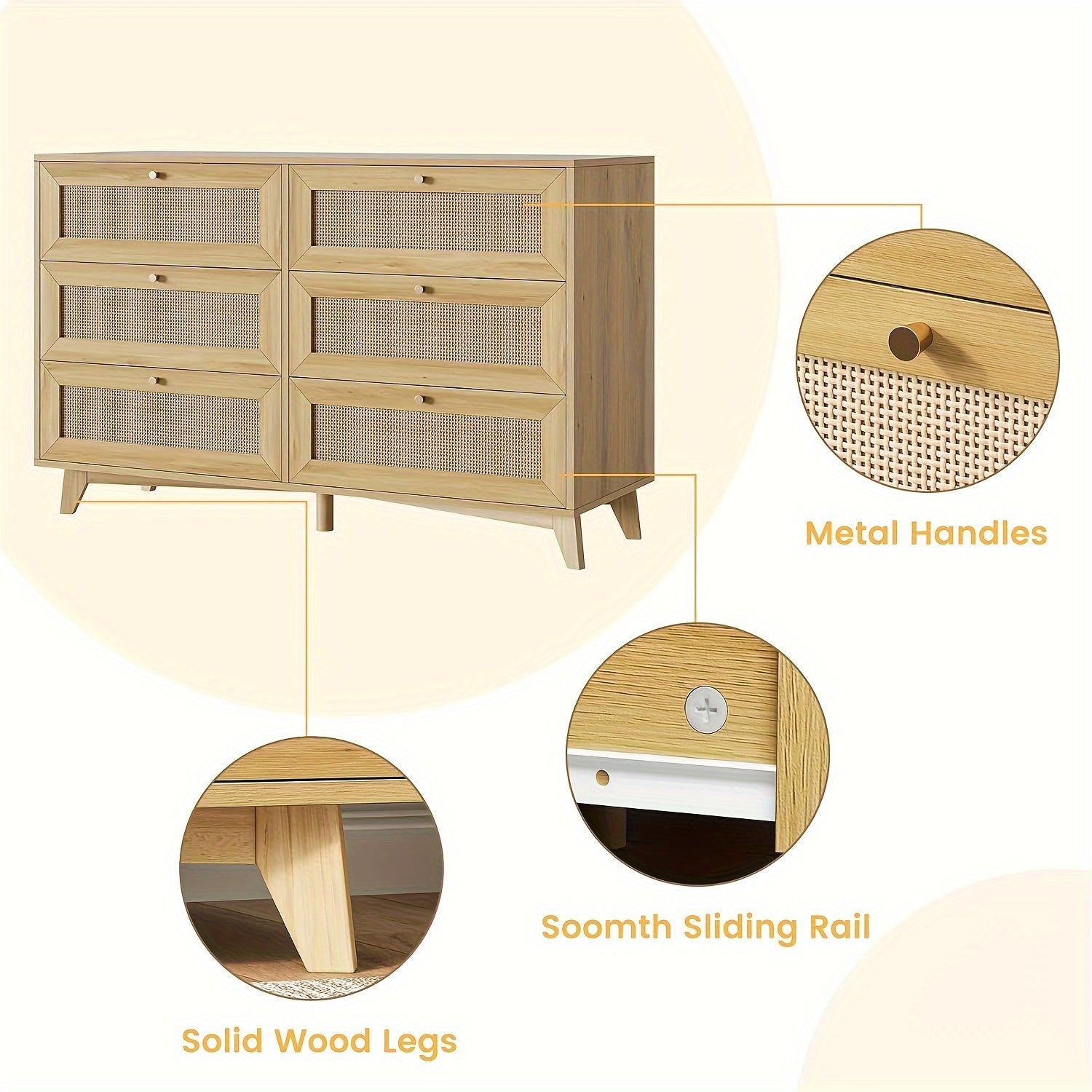 6 Drawer Rattan Dresser For Bedroom Modern Wide Storage Cabinet Living Room Chest Of Drawers Nature