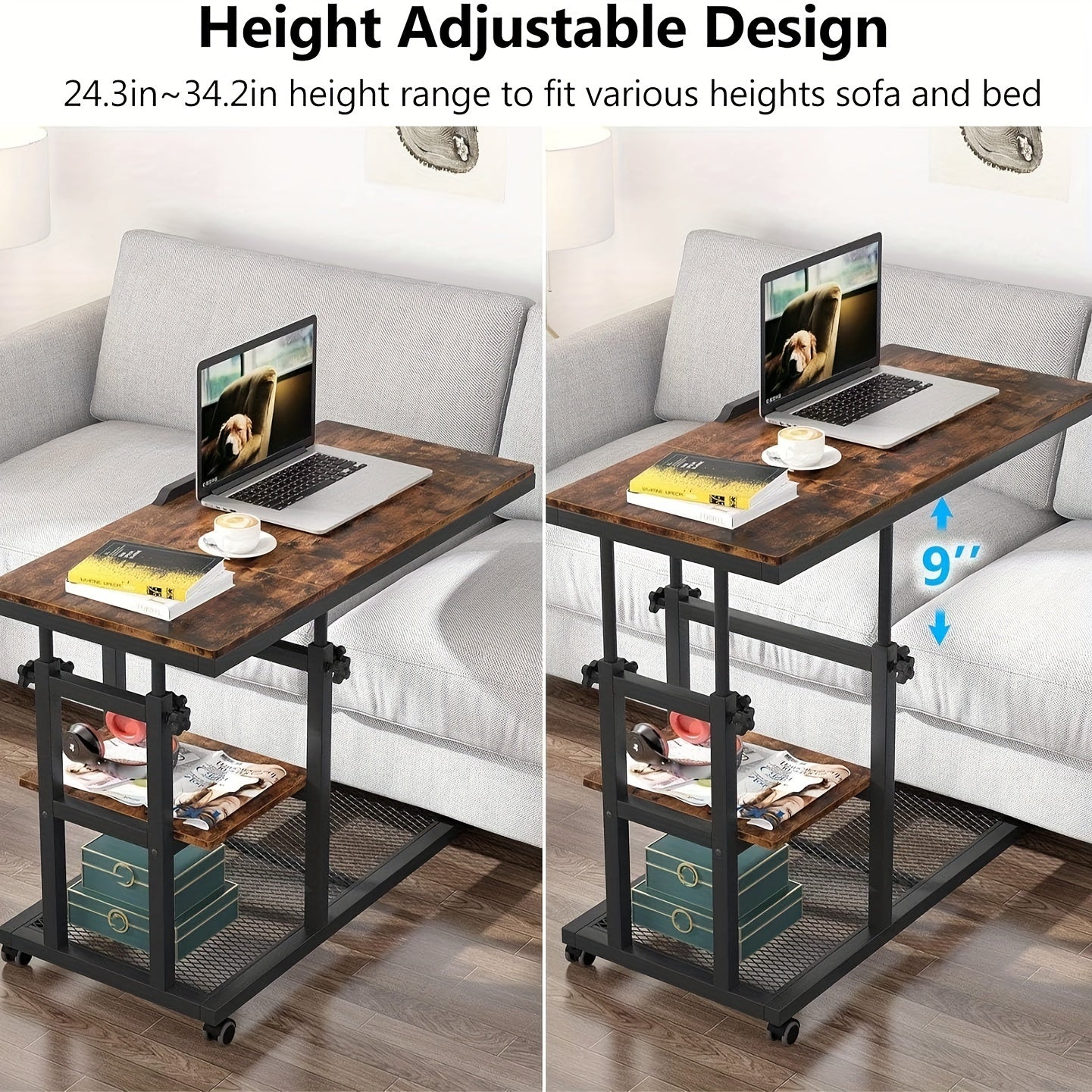 Height Adjustable C Table with Wheels, Mobile Couch Snack Side Table with Tiltable Drawing Board, Sofa Bedside Laptop Stand C Shaped TV Tray with Storage Shelves