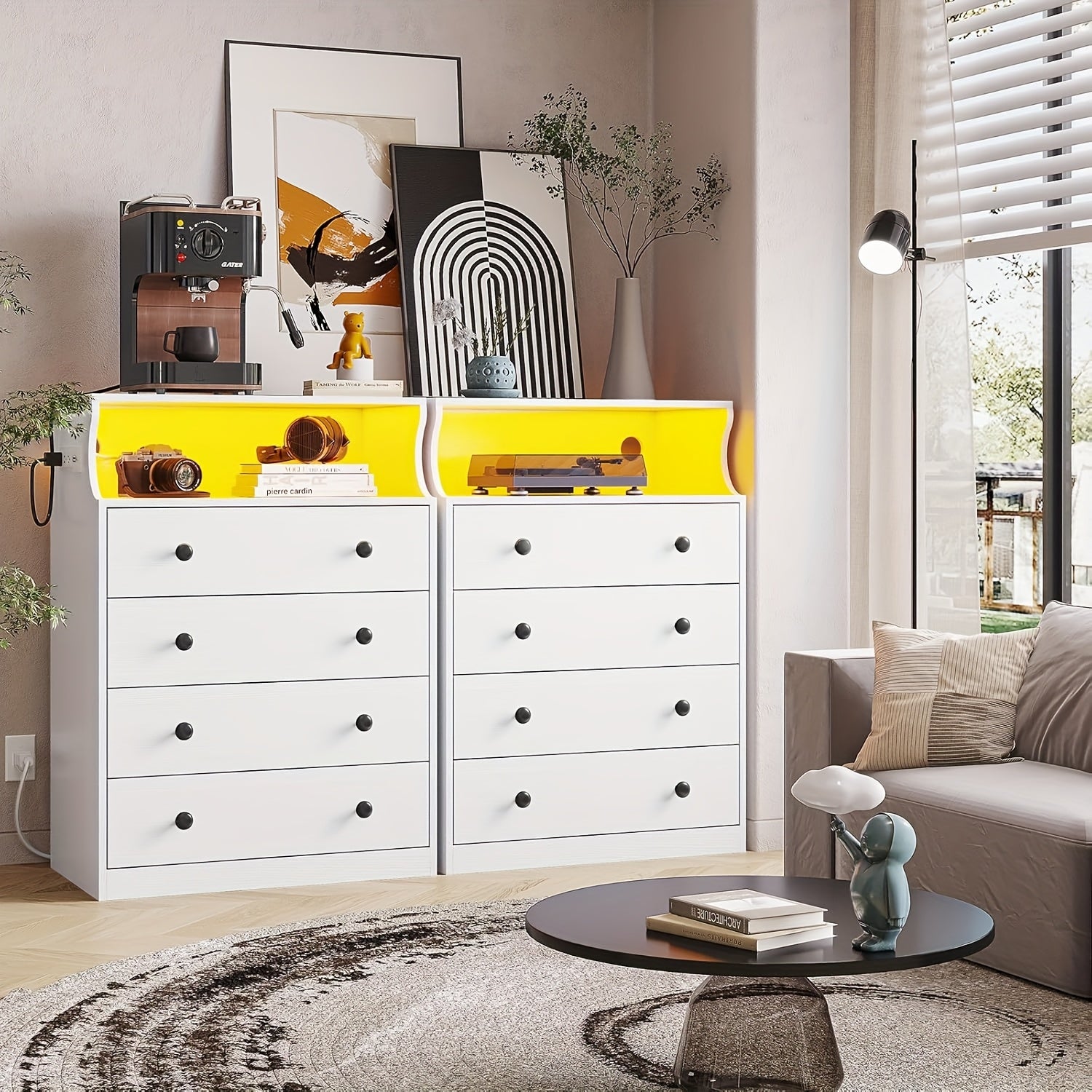 LED Dresser with 4 Large Drawers and Open Space Large Capacity Tall Storage Cabinet. - White - Dresser Westberry