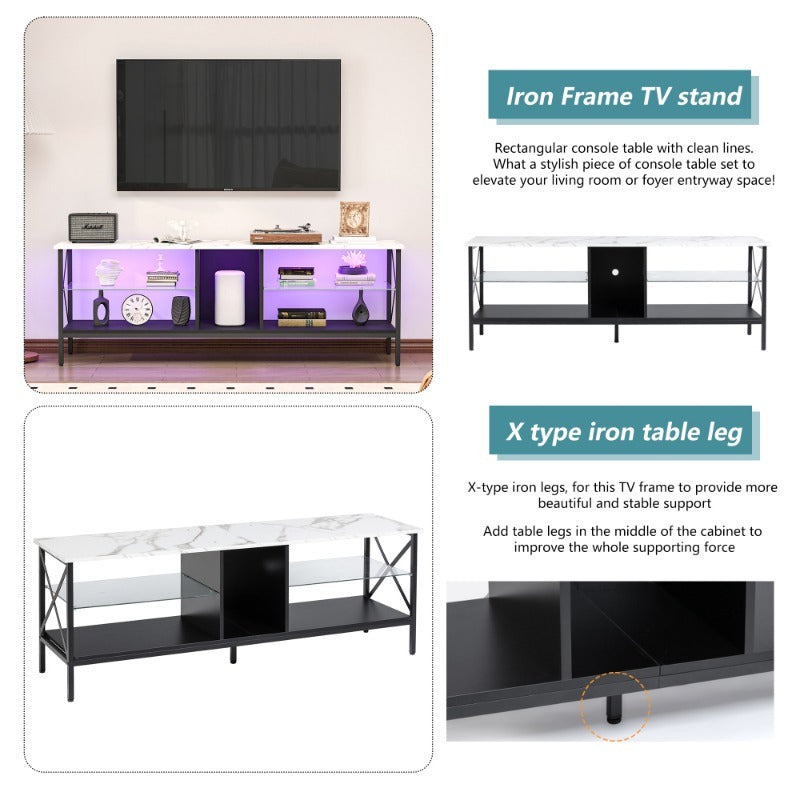 TV Stand, Iron TV Cabinet, Entertainment Center, TV Set, Media Console, with LED Lights, Remote Control, Toughened Glass Stand, Can Be Placed in The Living Room, Bedroom, Color:White with Marble Texture