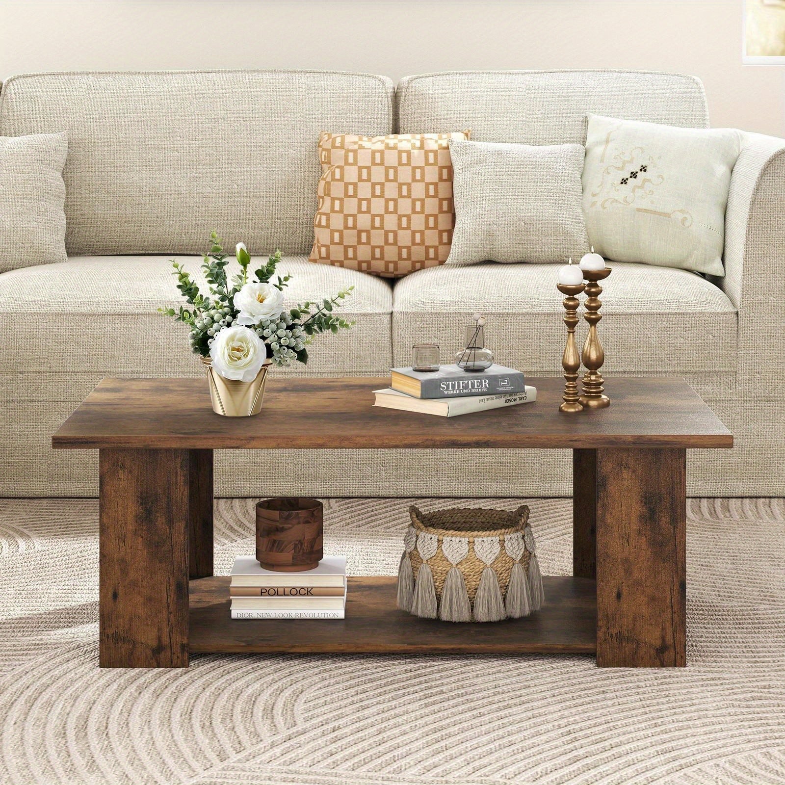 Modern 2-Tier Coffee Table with Storage Shelf - Sturdy Engineered Wood, Easy Assembly, Perfect for Living Room Decor