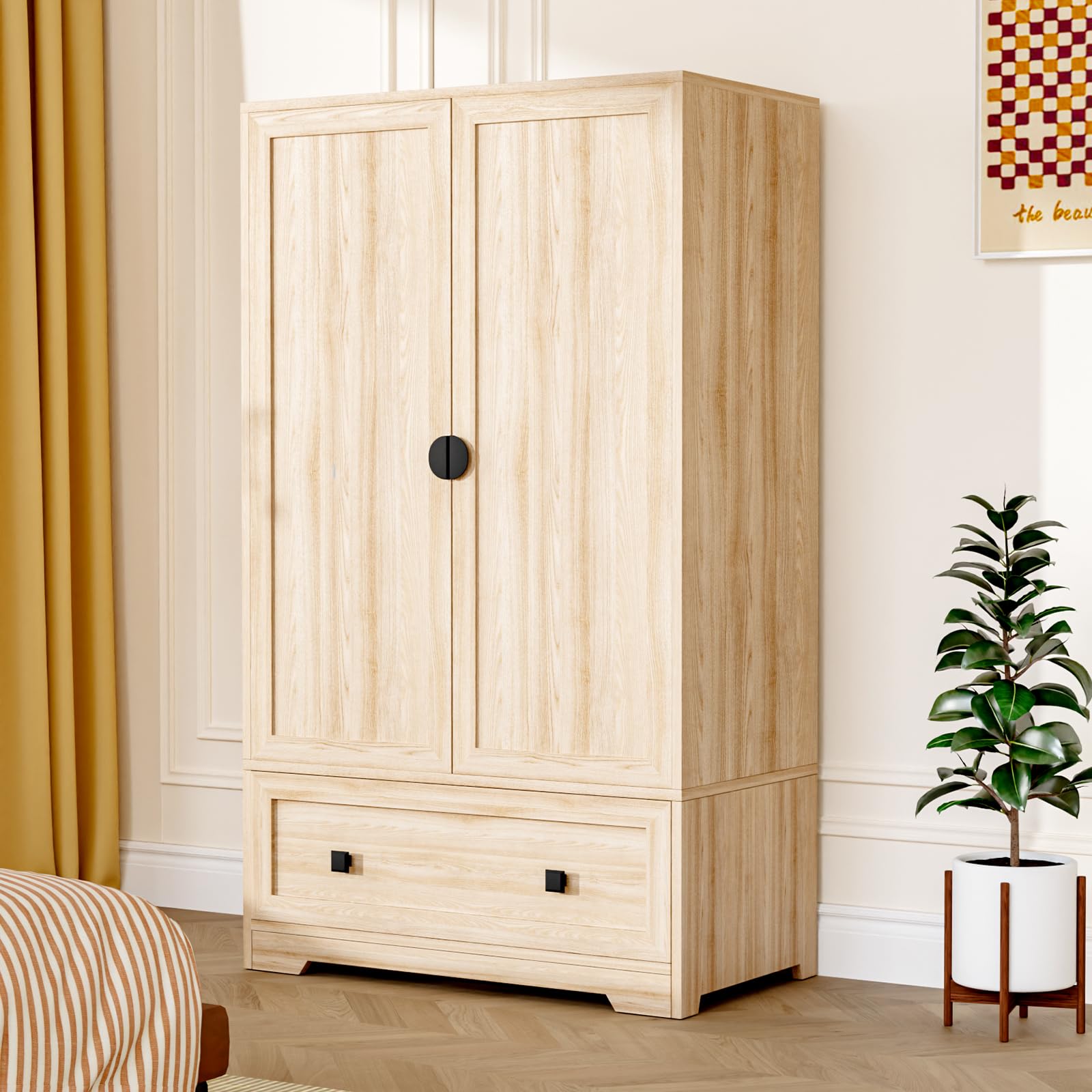 Wide Armoire Wardrobe Closet with Shelves, Hanging Rod and Drawers, Freestanding Closet Wardrobe Cabinet, Armoires and Wardrobes with Doors for Bedroom, Dorm