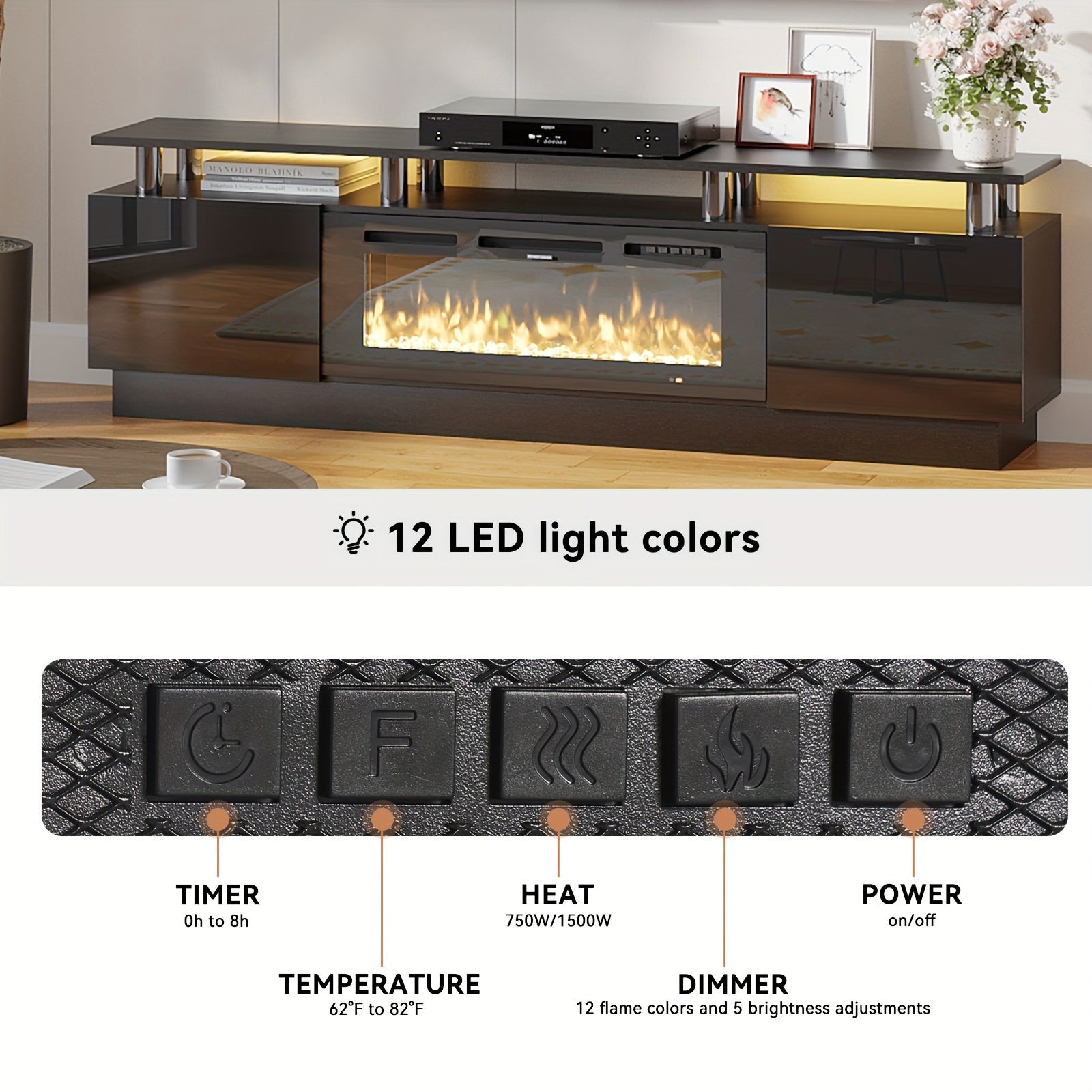 Fireplace TV Stand With 91cm Fireplace Modern High Gloss Fireplace Entertainment Center LED Lights TV Console Cabinet