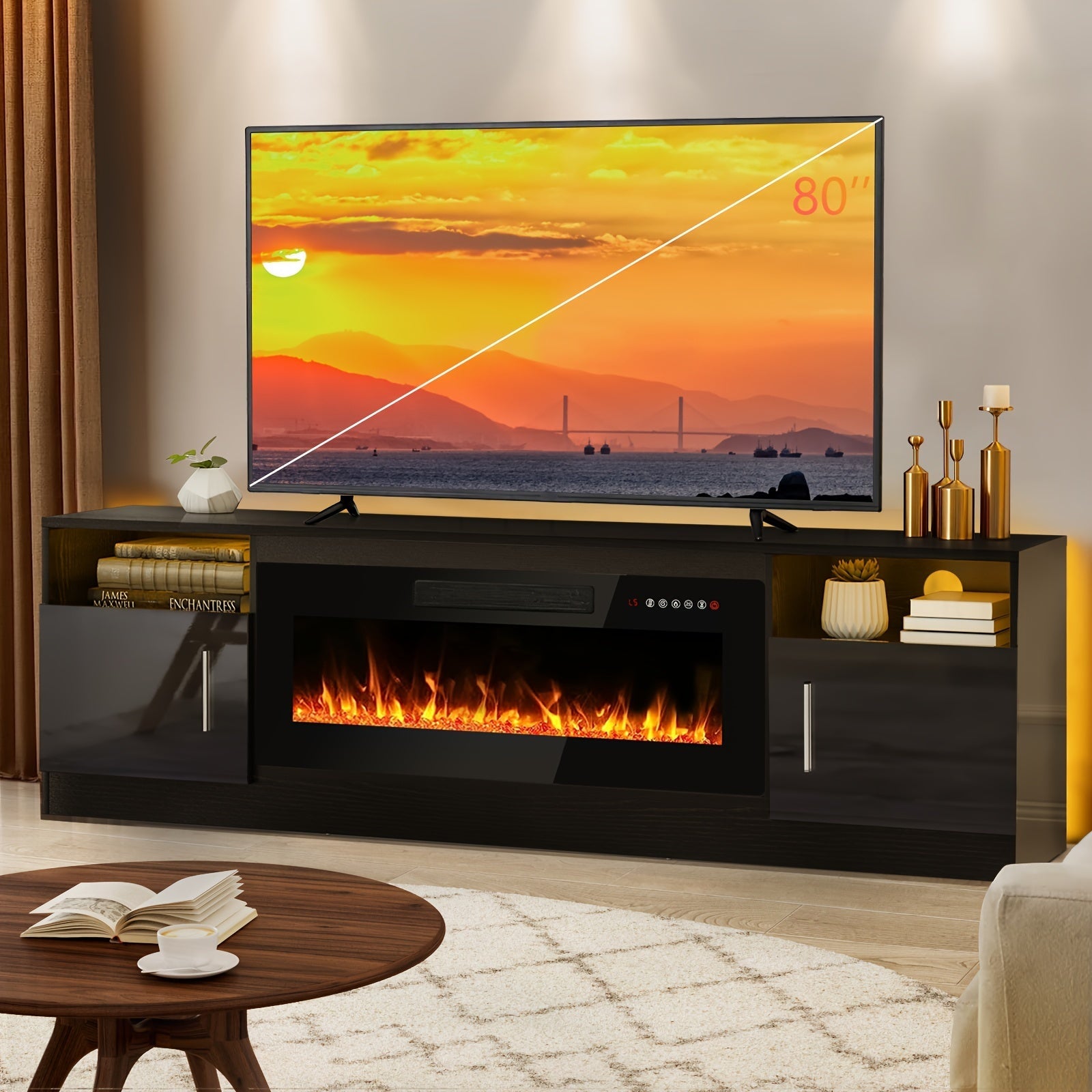 Modern Wooden TV Stand with 36" Fireplace - Fits Up to 80" TVs, LED Lighting & Storage, Highlight Cabinet for Living Room, Media TV Console, Entertainment Center