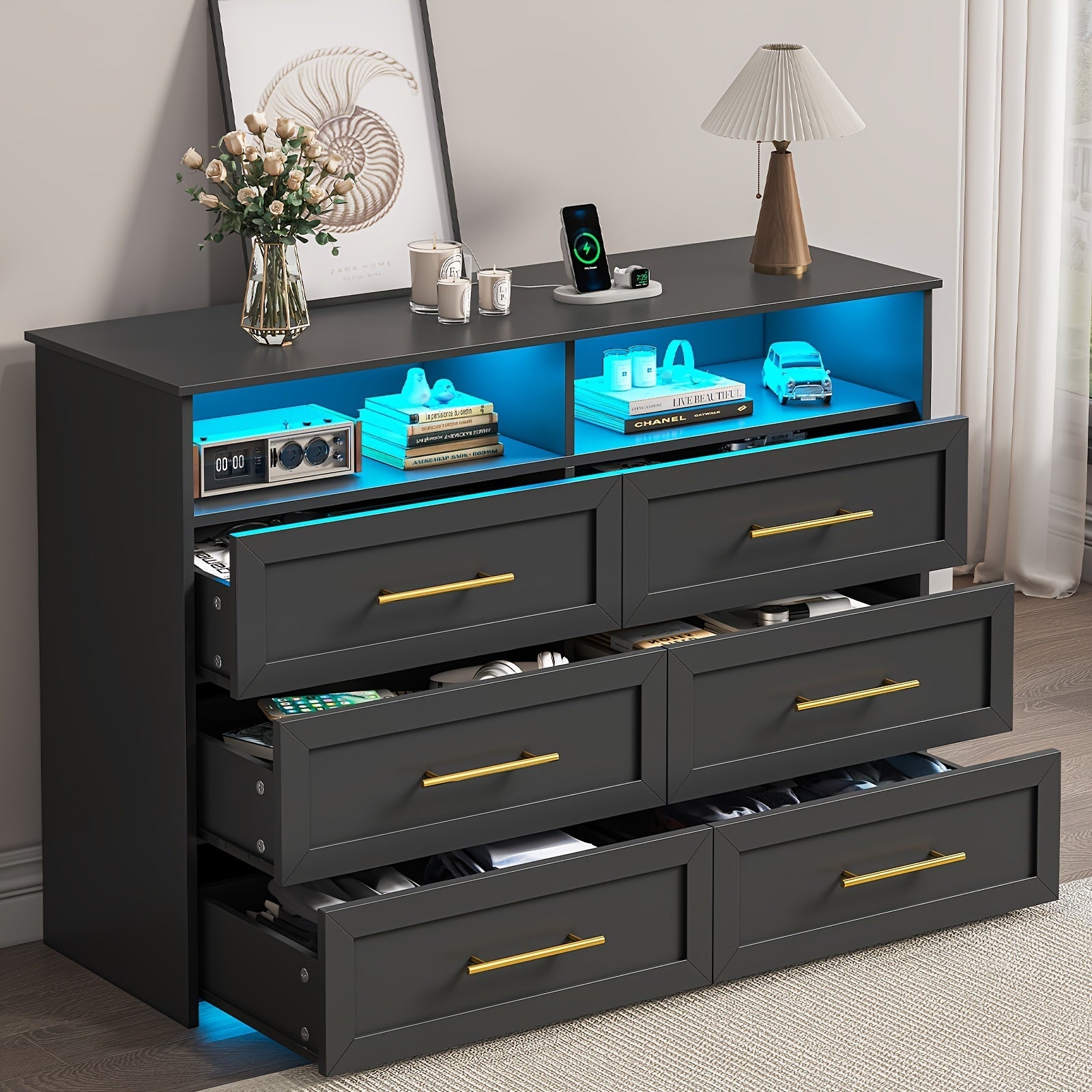 6 Drawer Wide Dresser for Bedroom, Modern Dresser with Led Light (Black)