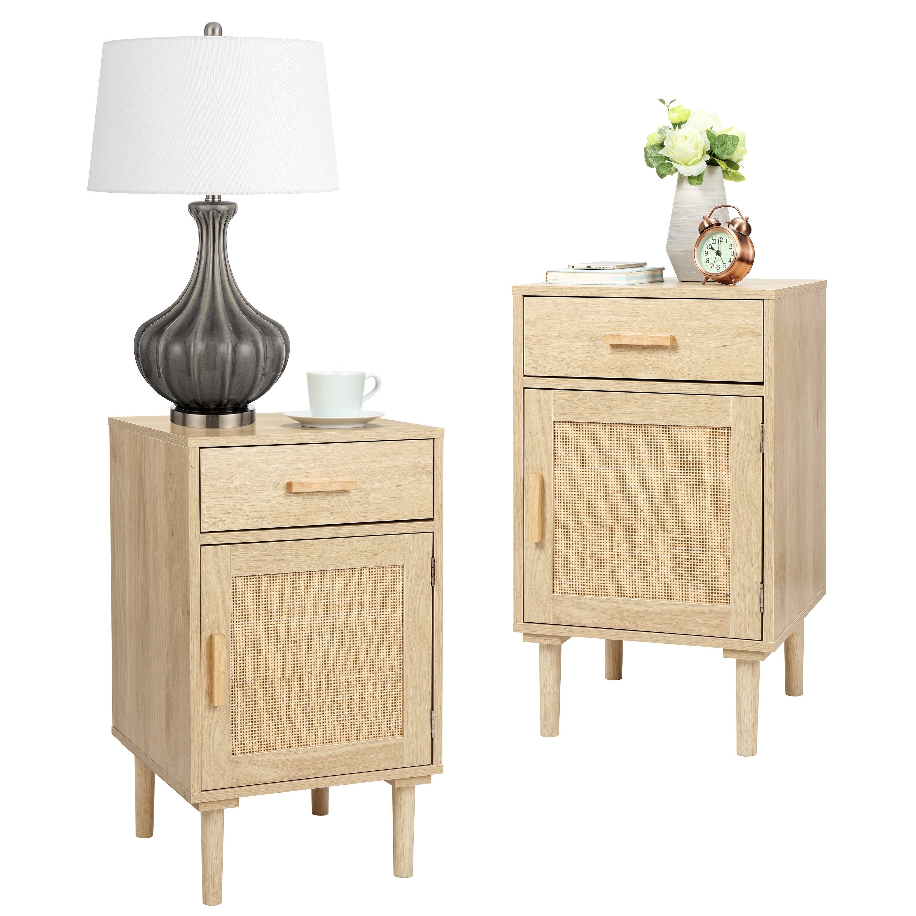 Tall Nightstands Set Of 2, Night Stand, Bedside Table Set Of 2 With Drawer And Shelf, Hand Made Rattan Decorated Doors, Nightstands With Storage For Bedroom, Natural, 2 Pack