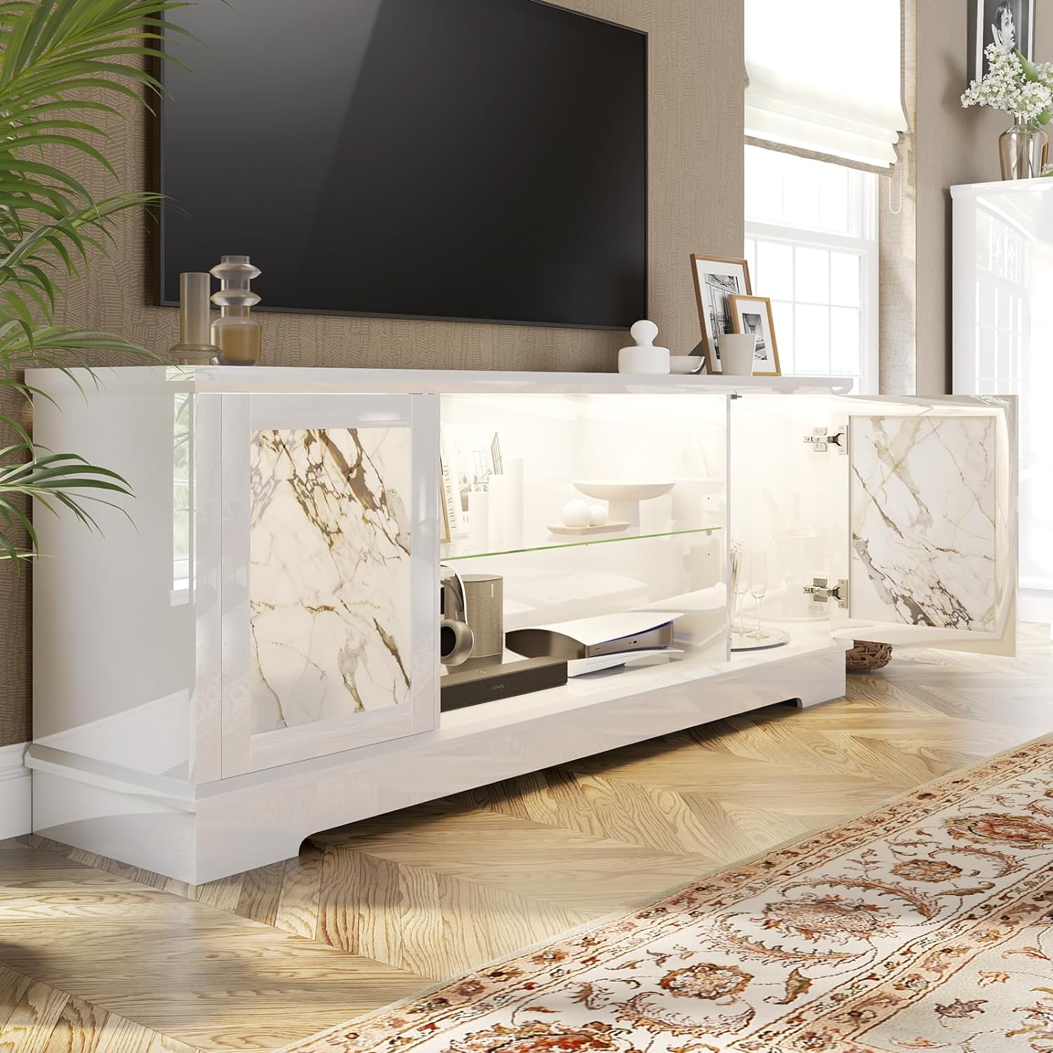 63" Natural Marble TV Stand, Modern High-Gloss Entertainment Hub Featuring LED Lights and Pine Legs, White TV Console Cabinet Accommodating TVs Up to 73"