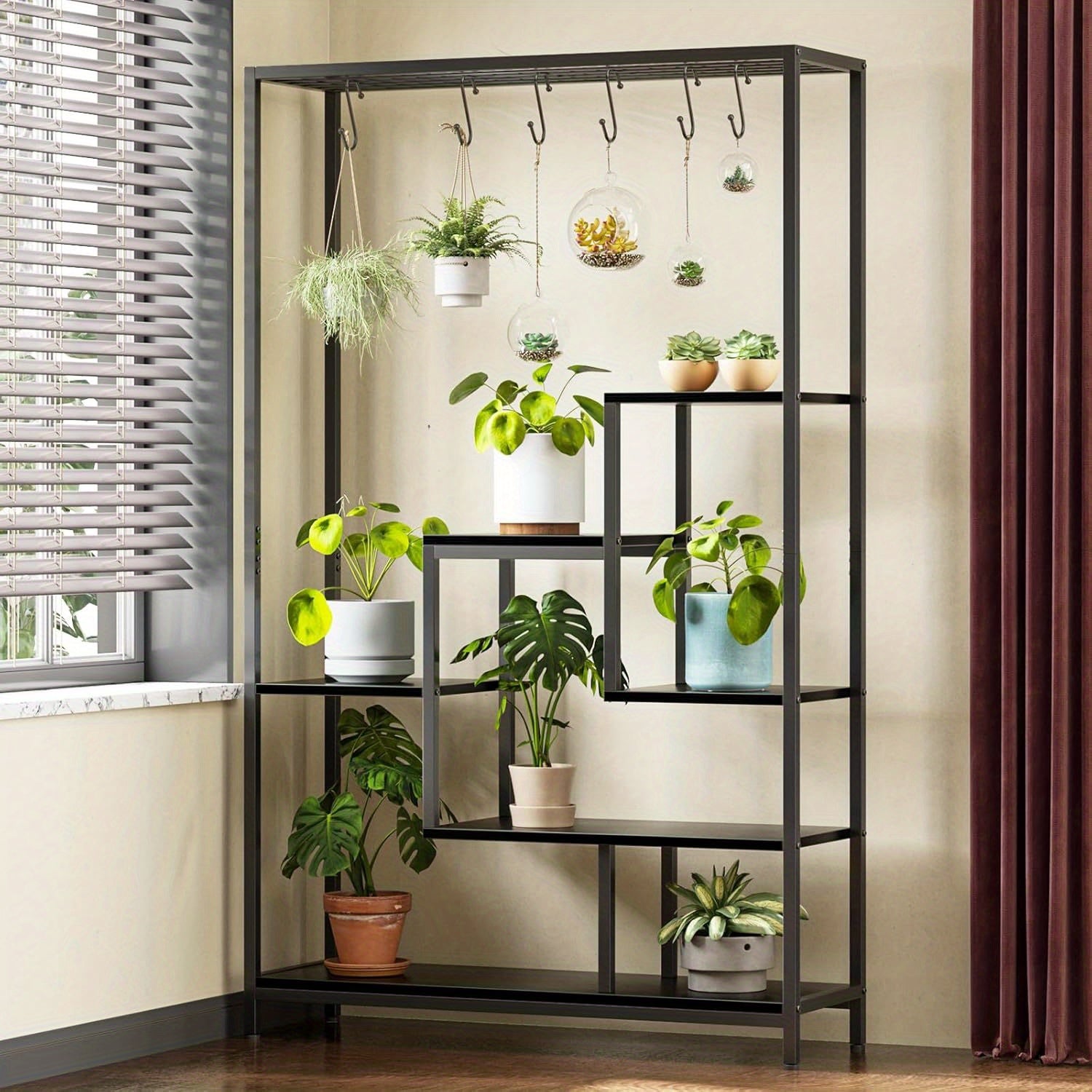 5-Tier Large Metal Plant Stand, 70.9 Inch Tall Indoor Shelf with 6 Hanging Hooks, Iron and Wood Flower Rack for Living Room, Balcony, Garden - Black, Plant Decor