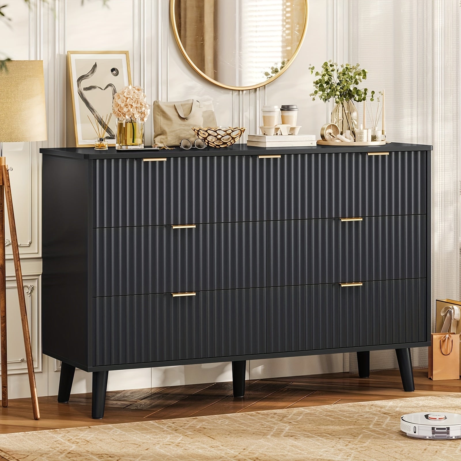 Dresser For Bedroom With Fluted Panel Design, 47.2'' Wide Mid Century Modern Fluted Dresser, 7 Drawers Chest Of Drawers With Golden Metal Handles, Black Organizer Storage Cabinet For Closet, Entryway