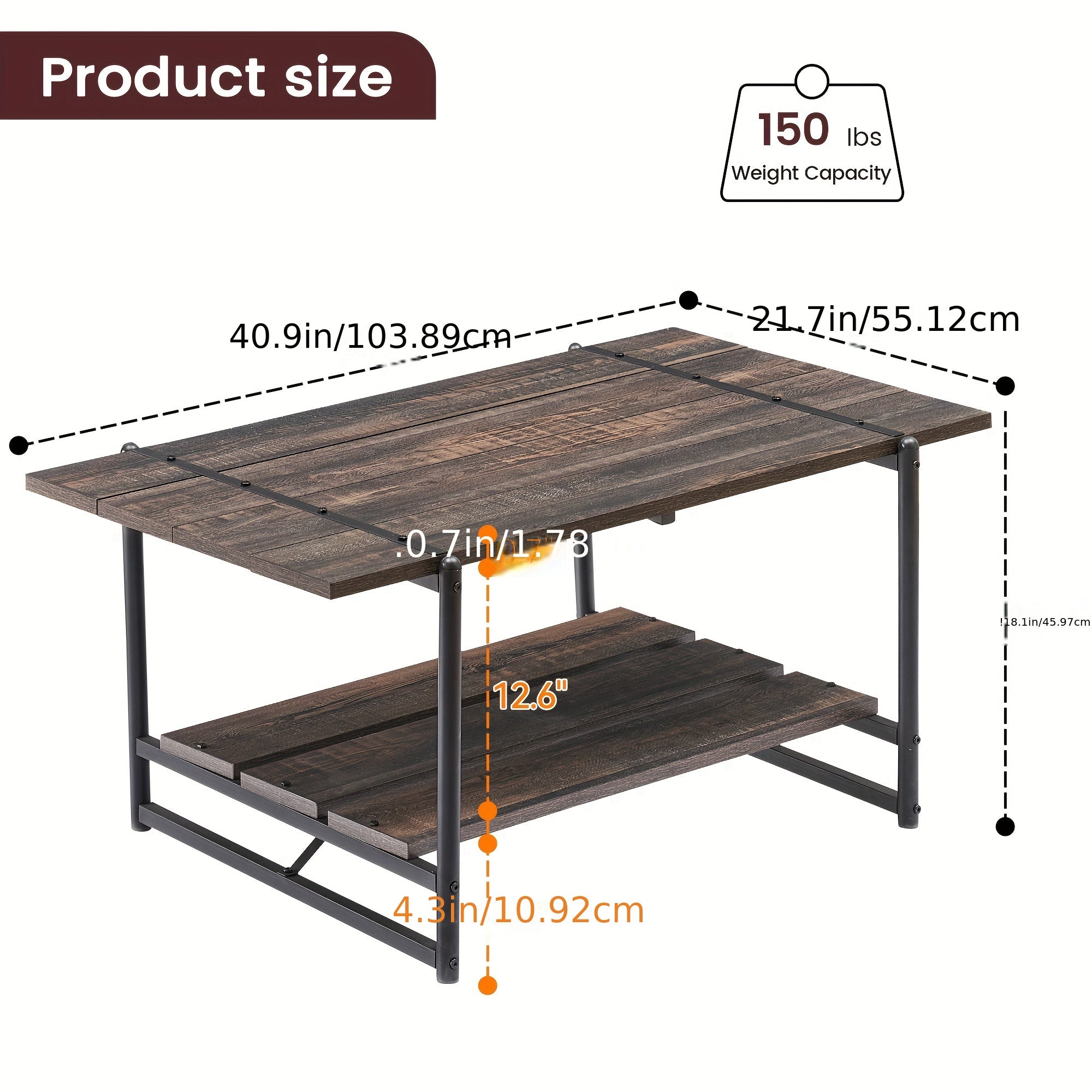 Rustic 2-Tier Wooden Coffee Table with Metal Frame Large Storage Shelves Industrial Design for Living Room or Home