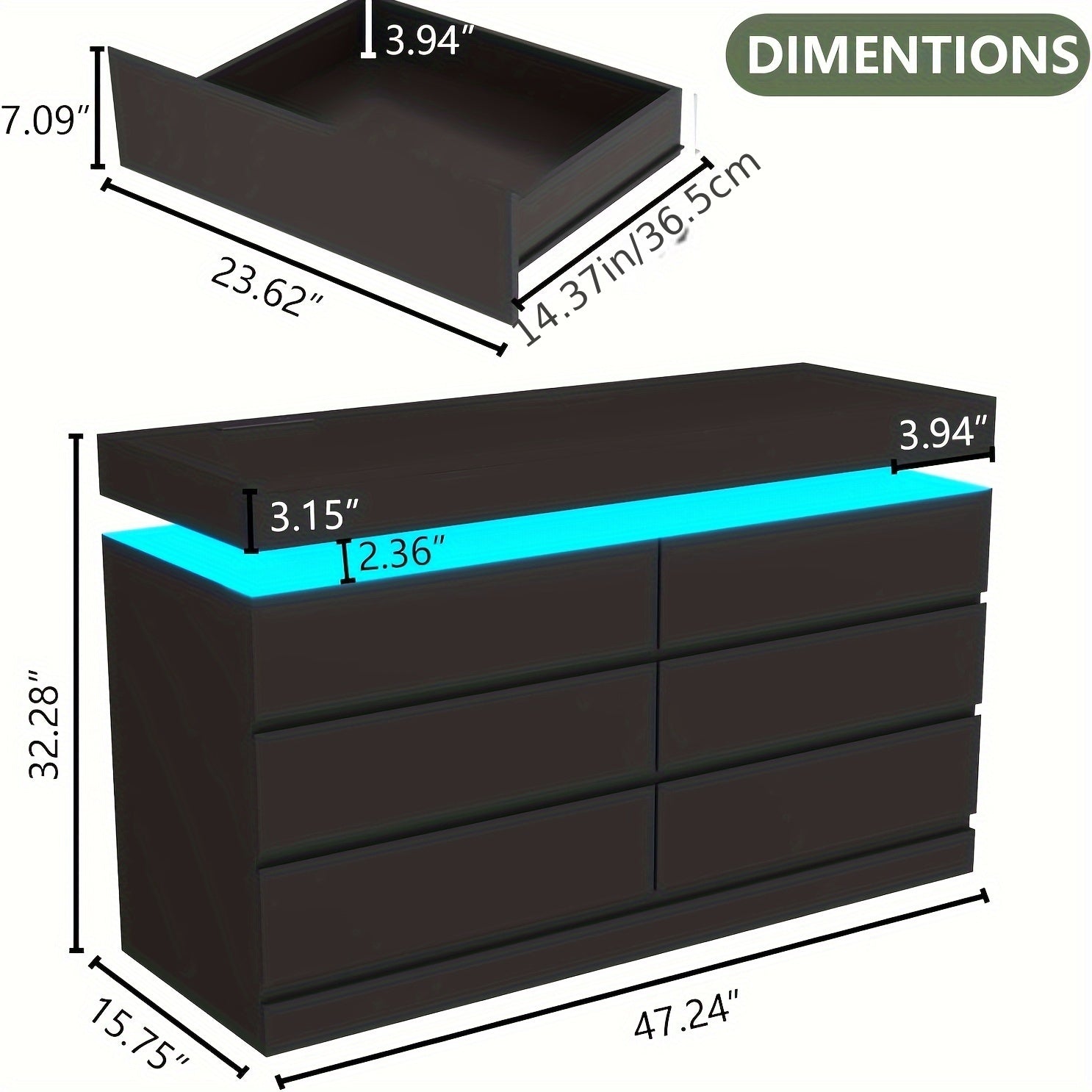 6 Drawer Dresser With Power Outlet Storage Cabinet With LED Light Modern Cabinet Organizer For Closet Double Wide