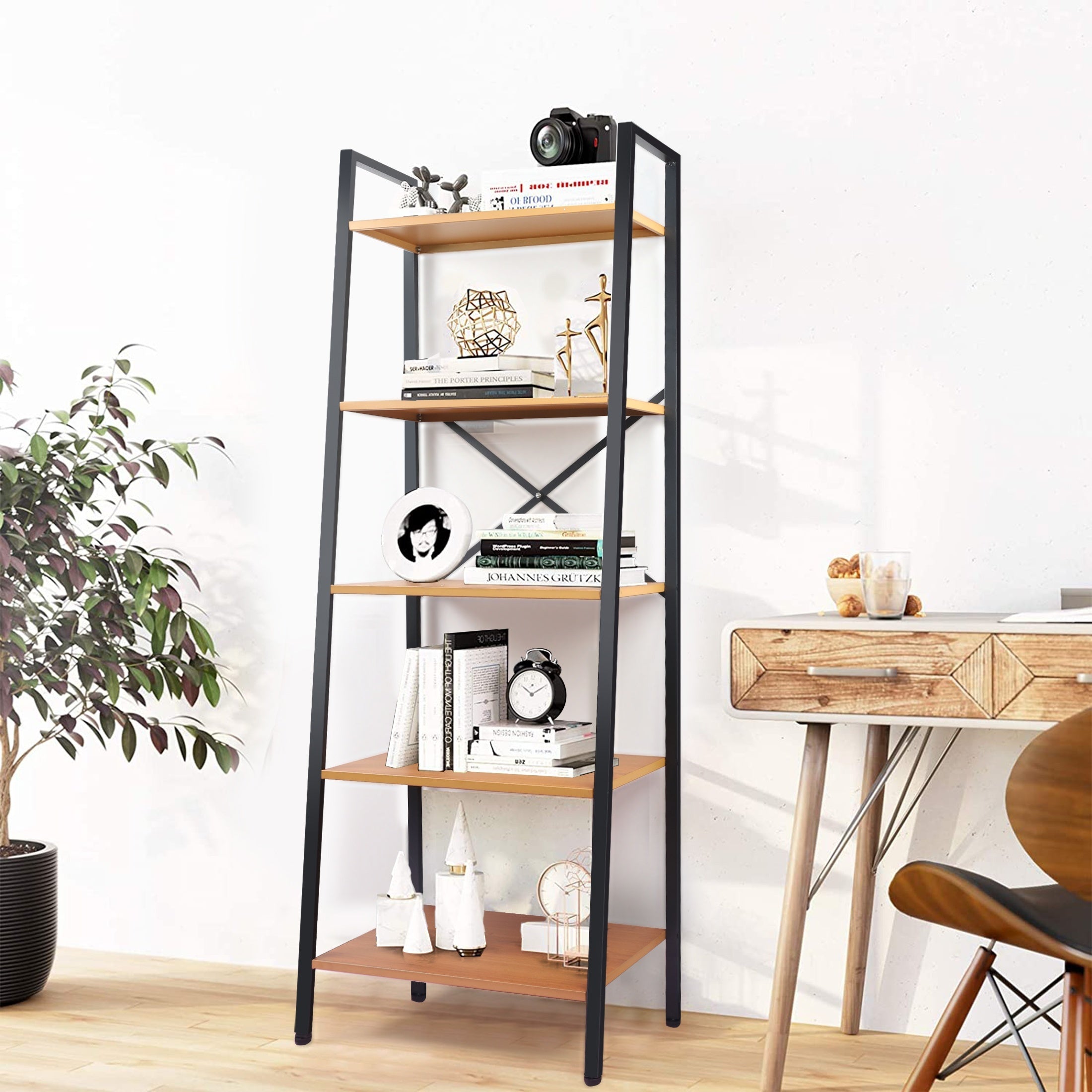 Ladder Shelf 5-Tier Free Standing Bookshelf With Adjustable Feet Metal Bookcase For Kitchen Bathroom Garage Small