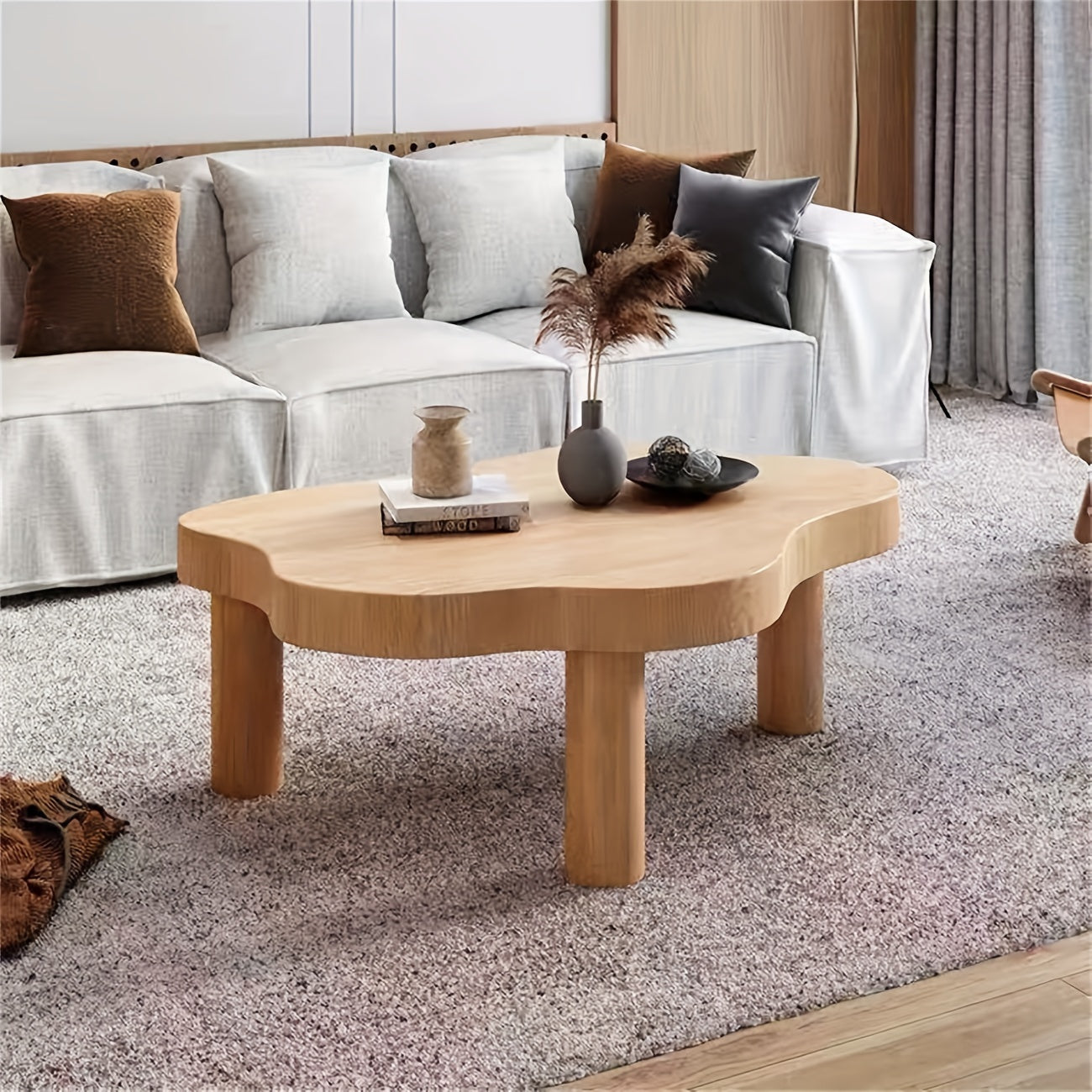 Cloud Shape Irregular Wood Coffee Table, Round Corner Thicken End Table, Cute Accent Modern Coffee Cocktail Table with 3 Legs for Living Room Furniture