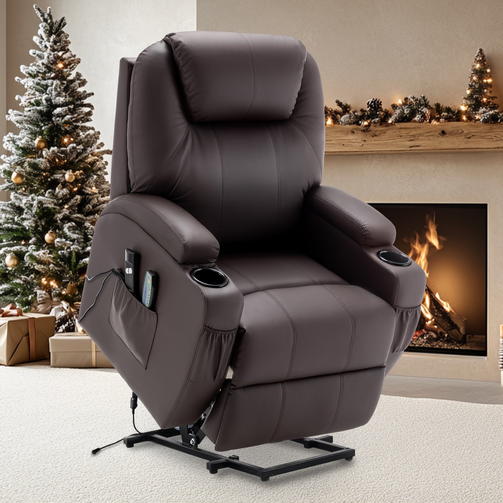 Faux Leather Power Lift Recliner Chair For Elderly And Adults, Electric Recliner With Massage And Heating, Recliner Chair With Remote Control And Cup Holder