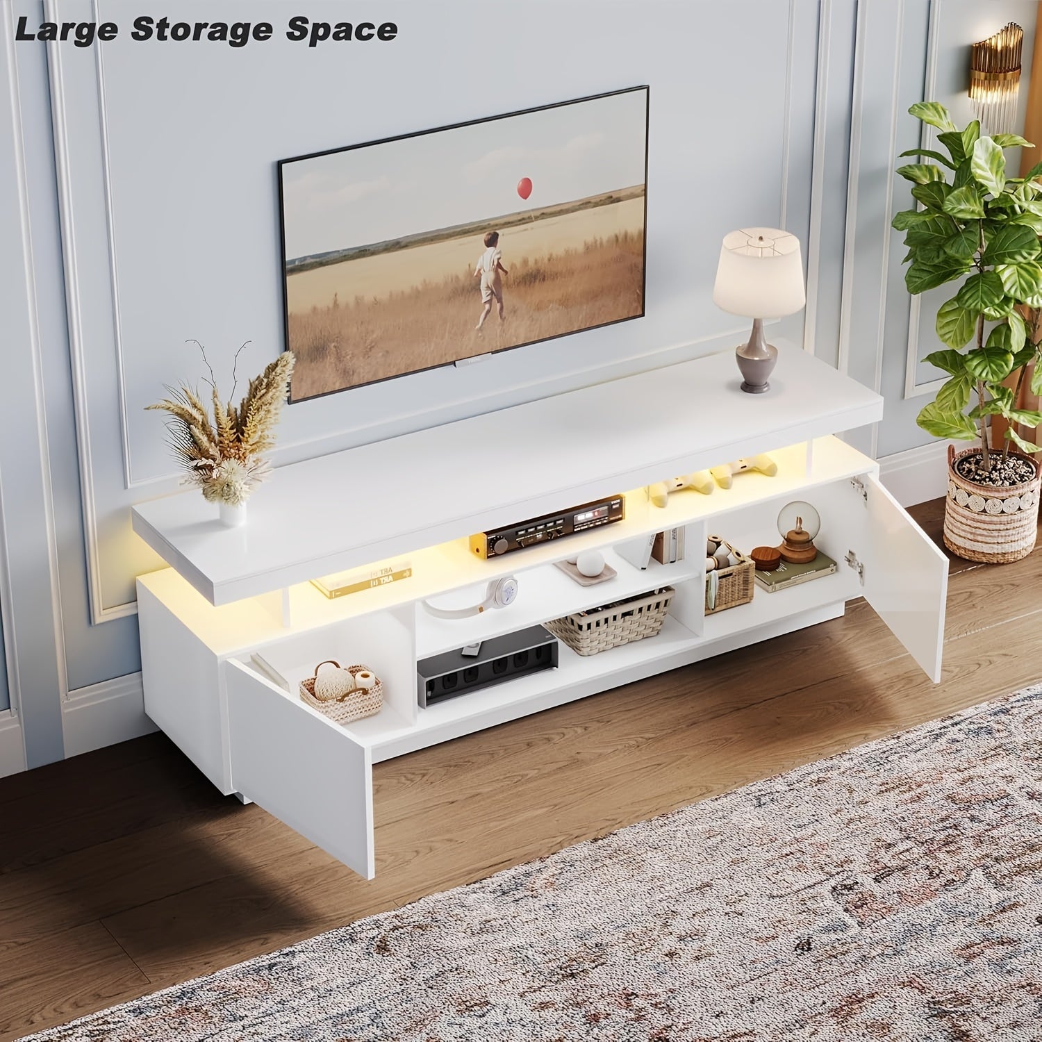 Compact Size Spacious Modern Black Wooden TV Stand with LED Lighting & Ample Storage - Fits Up to 65" TVs, Ideal for Contemporary Living Room, Features 5 Open Shelves & 2 Spacious Cabinets, No Assembly Required, Tv Table for