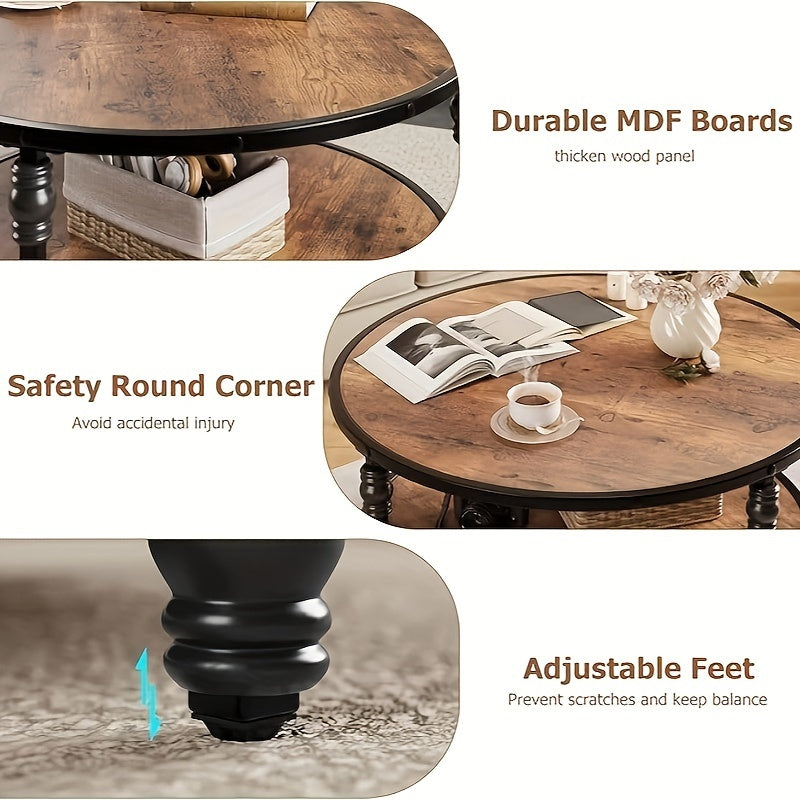 Round Coffee Table for Living Room Rustic Center Table with Storage Shelf Wood Circle Coffee Table with Sturdy Metal Legs, Easy Assembly