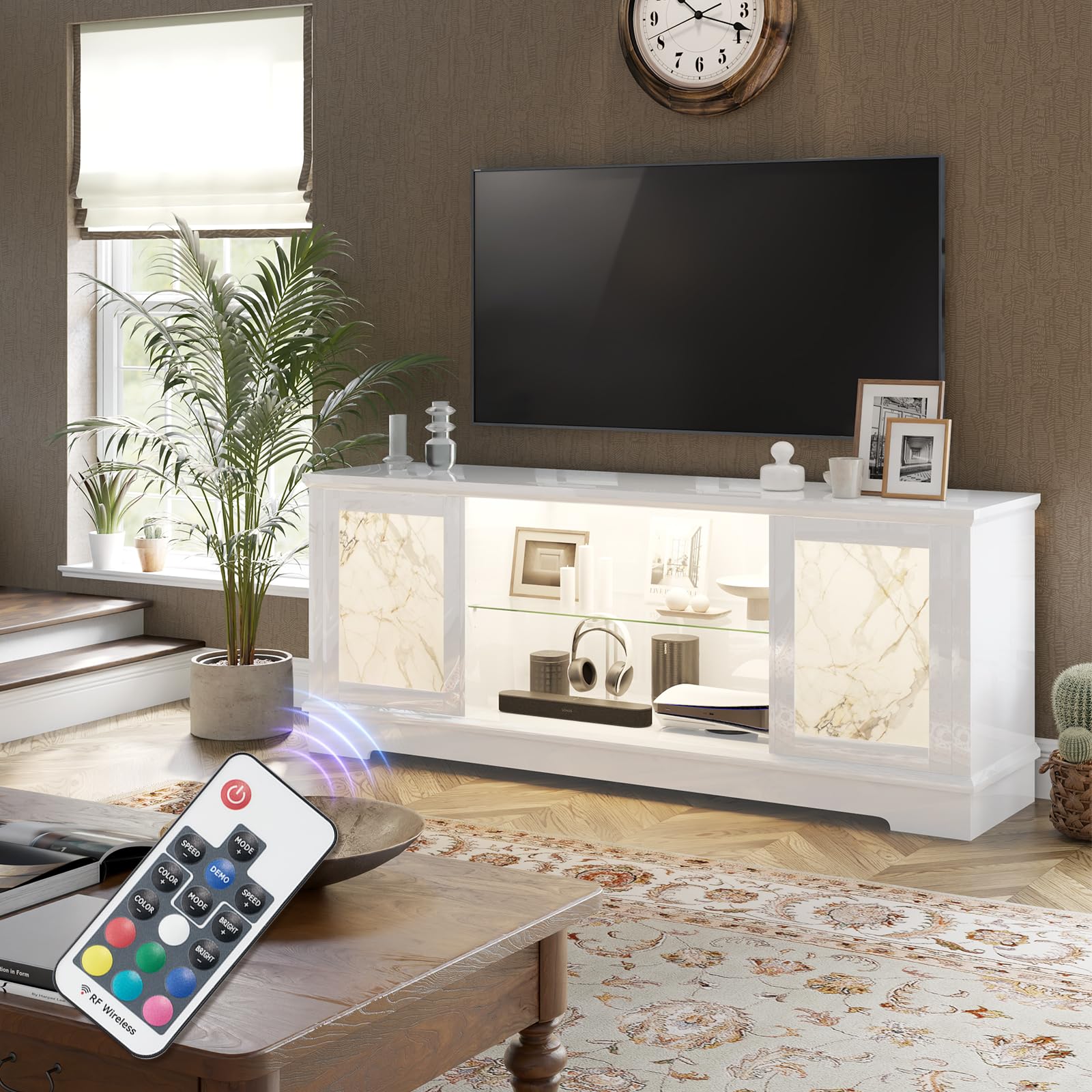 63" Natural Marble TV Stand - A Smooth, High-Gloss Entertainment Nucleus with LED Illumination and Pine Wood Legs, an Elegant White TV Console Cabinet Accommodating TVs Up to 73"