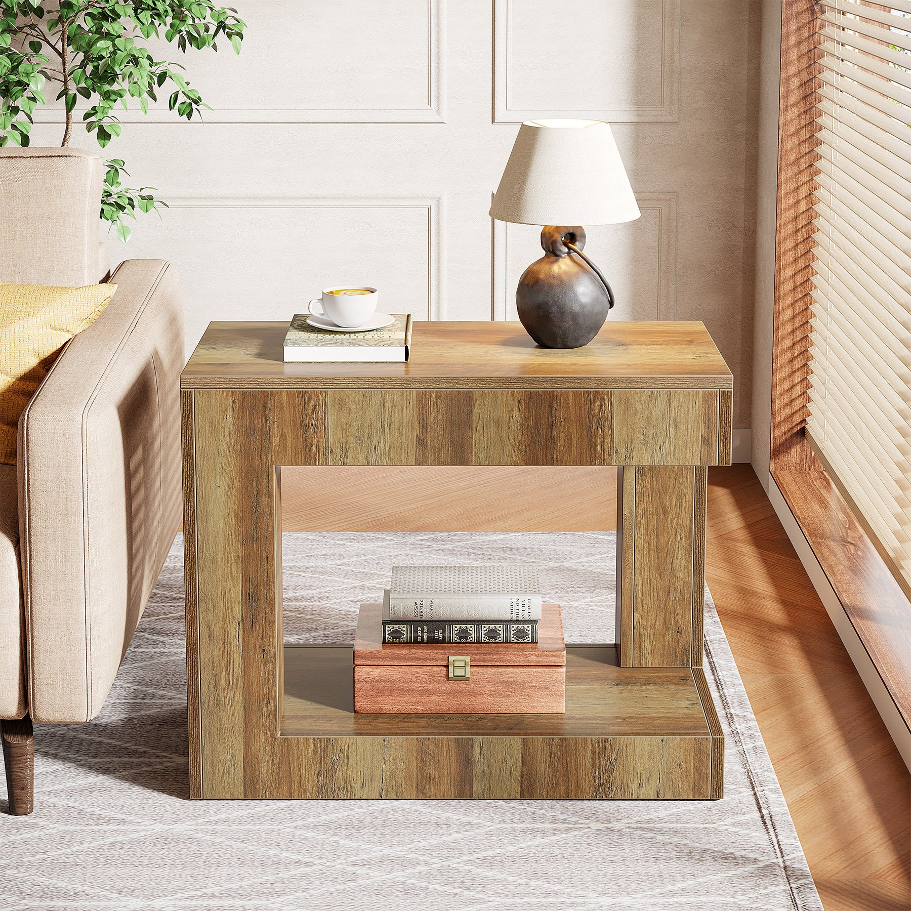 2-Tier End Table, Small Side Table with Open Storage Shelf, Farmhouse Sofa Side Table Wooden End Table for Living Room, Bedroom, Rustic Brown